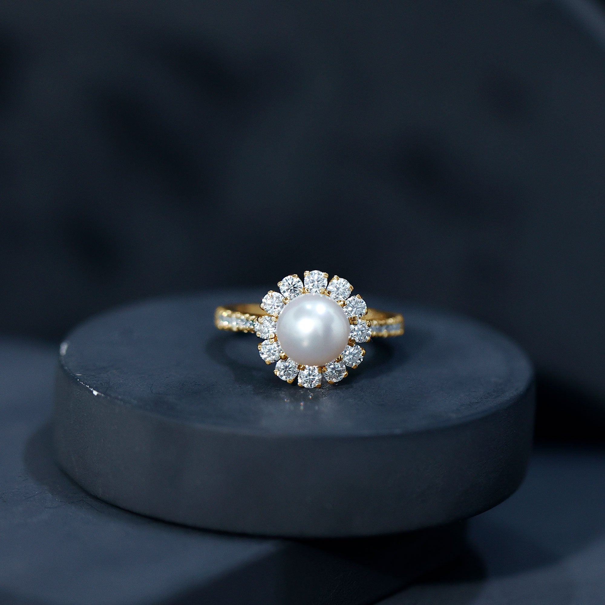 Genuine 7.4 Carat Freshwater Pearl Engagement Ring with Moissanite Halo AAA - Rosec Jewels