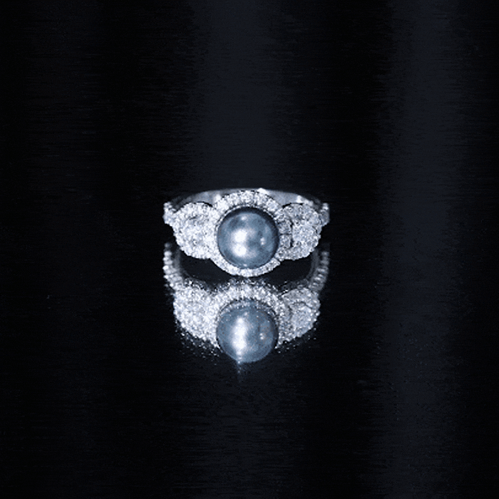 8 MM Round Black Pearl Engagement Ring with Moissanite Accent AAA - Rosec Jewels