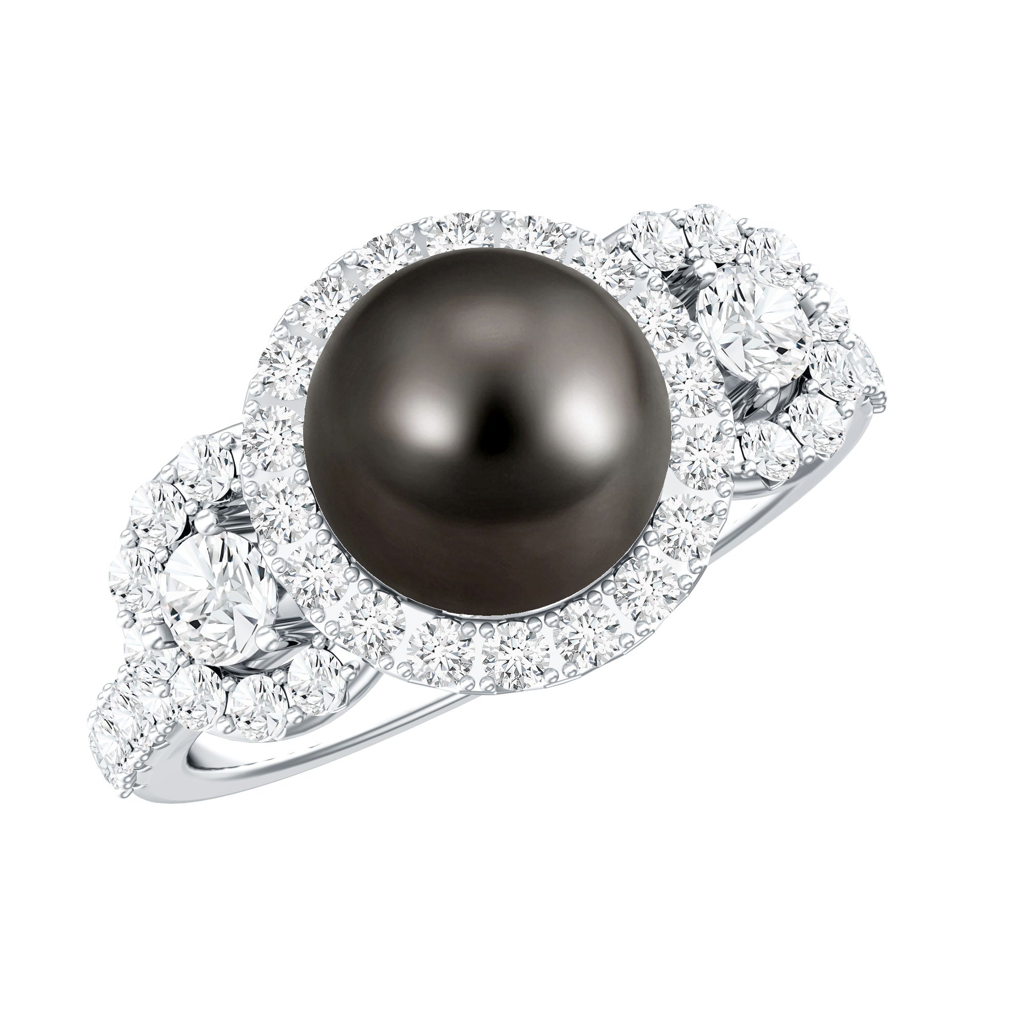 8 MM Round Black Pearl Engagement Ring with Moissanite Accent AAA - Rosec Jewels