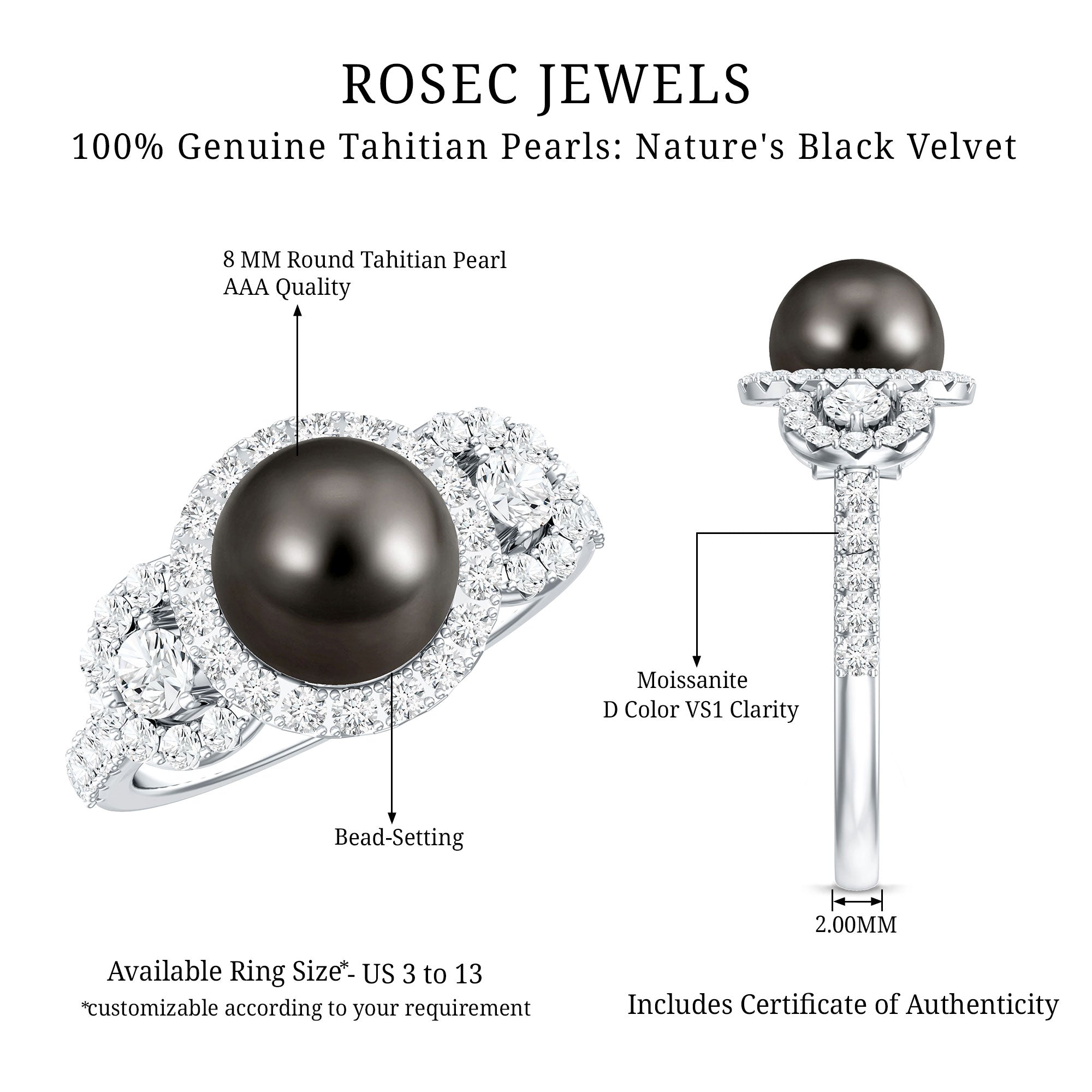 8 MM Round Black Pearl Engagement Ring with Moissanite Accent AAA - Rosec Jewels