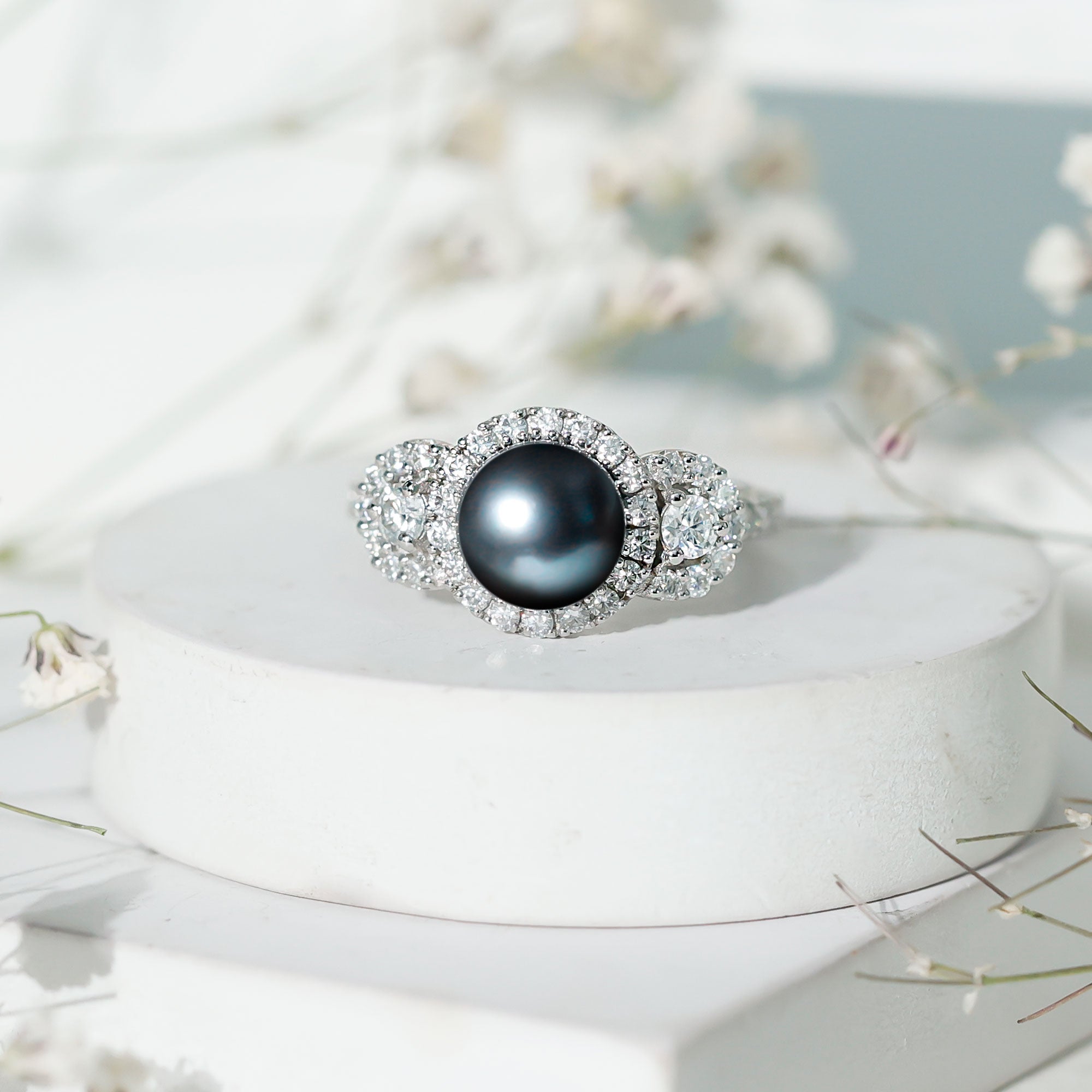Rosec Jewels-7.5 Carat Round Black Pearl Engagement Ring with Moissanite Accent
