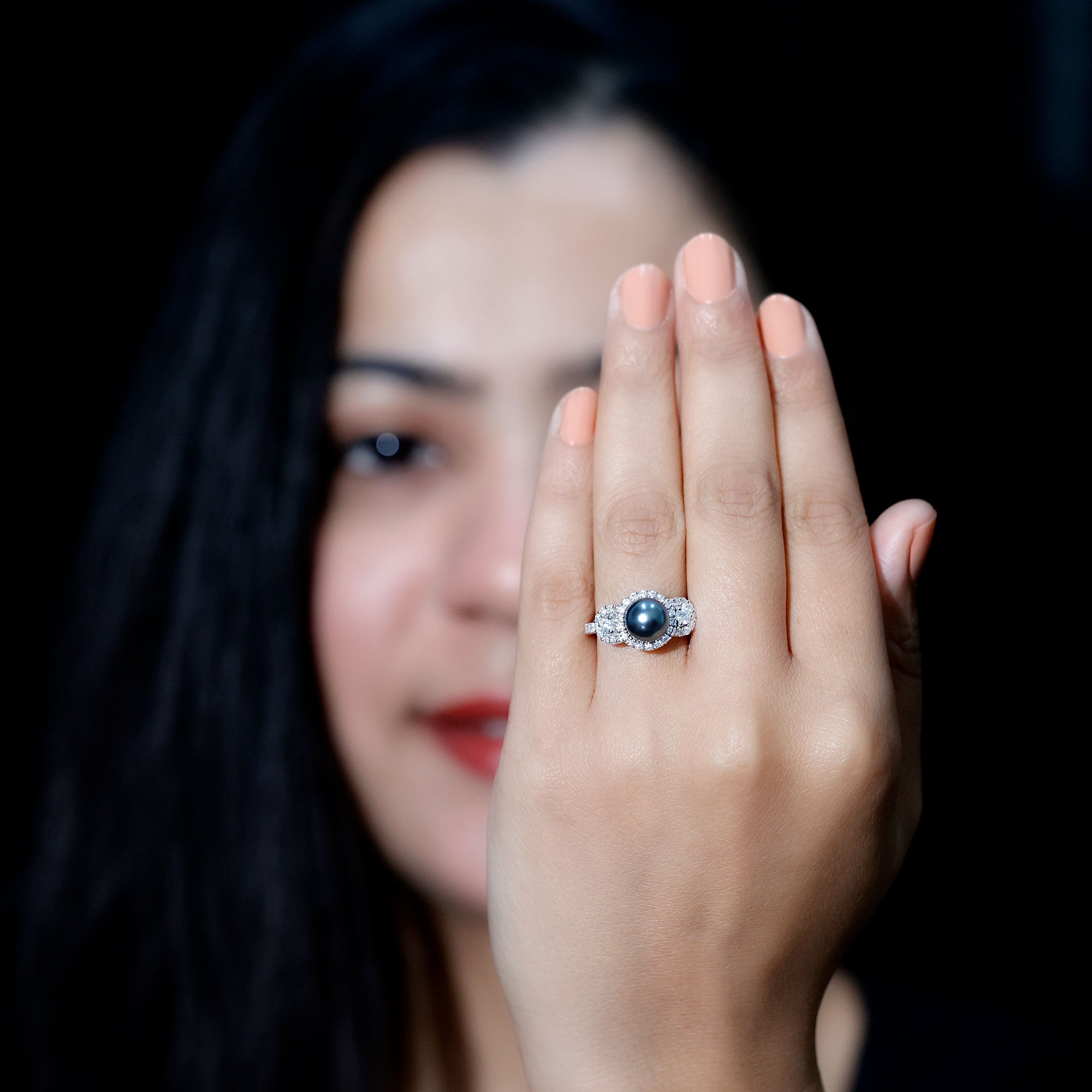 8 MM Round Black Pearl Engagement Ring with Moissanite Accent AAA - Rosec Jewels