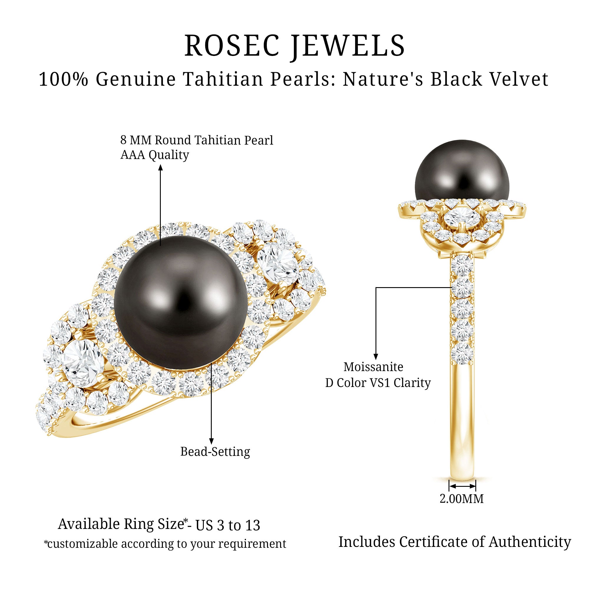 8 MM Round Black Pearl Engagement Ring with Moissanite Accent AAA - Rosec Jewels
