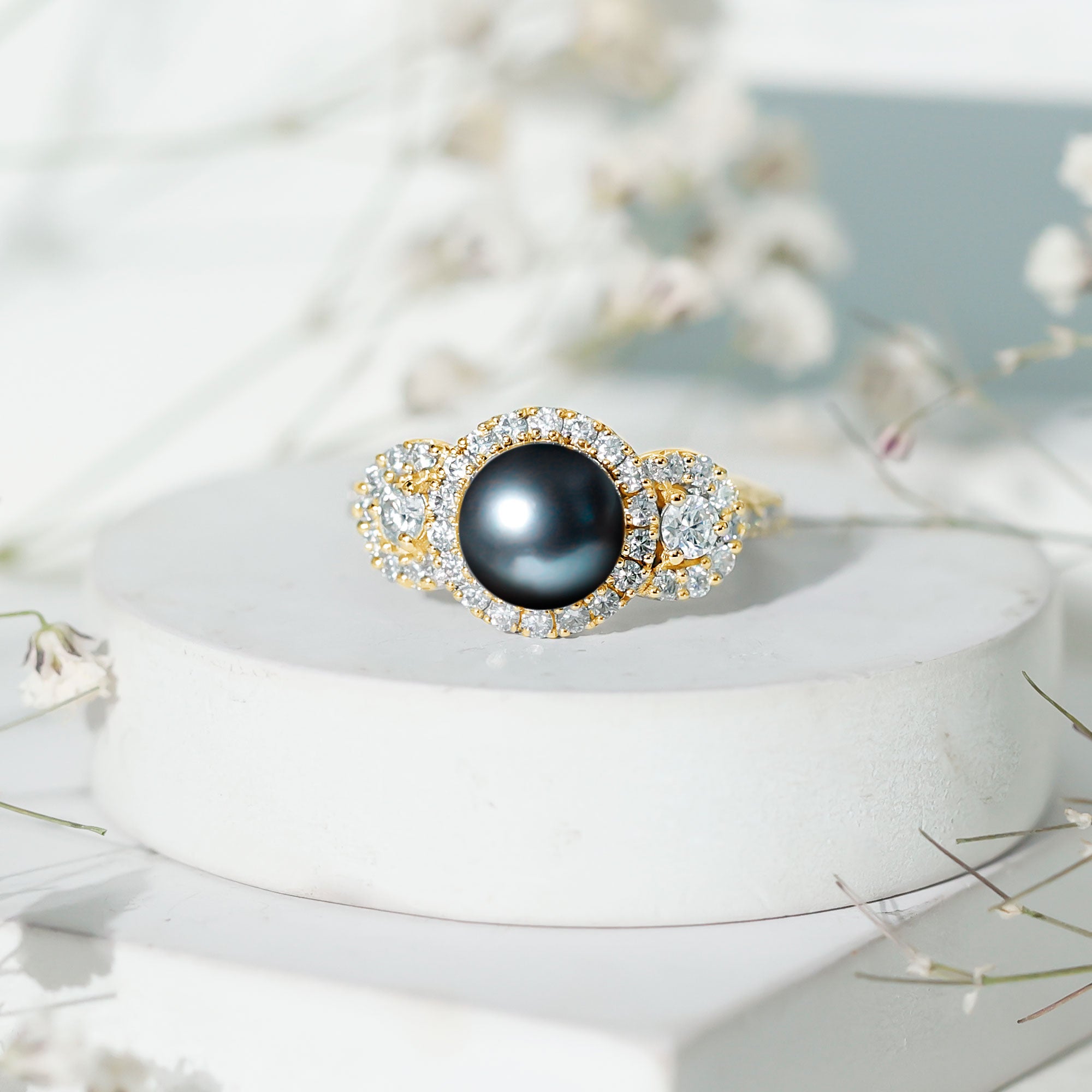 8 MM Round Black Pearl Engagement Ring with Moissanite Accent AAA - Rosec Jewels