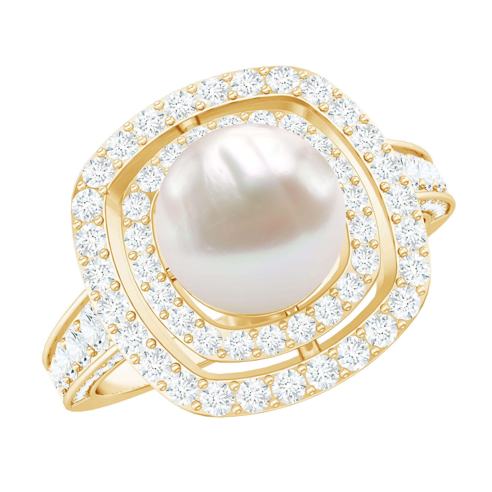 7.4 Carat Freshwater Pearl Double Halo Engagement Ring with Moissanite AAA - Rosec Jewels