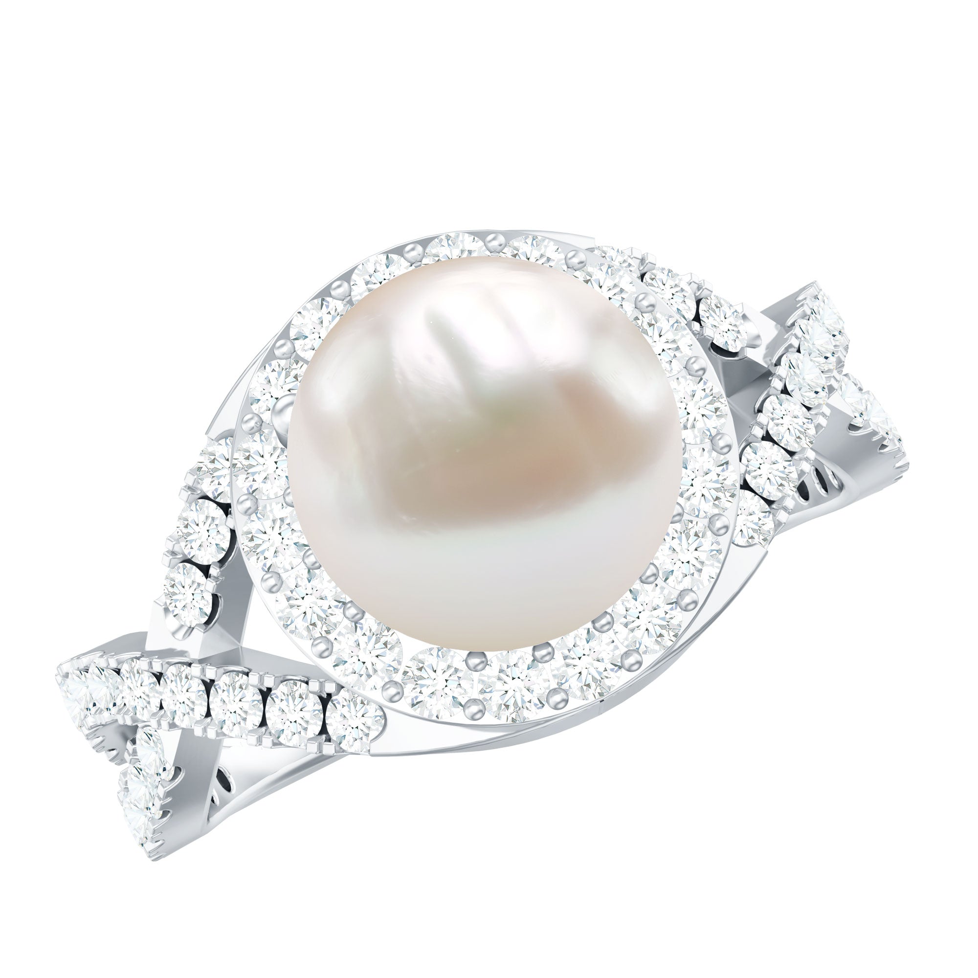 7.4 Carat Freshwater Pearl Engagement Ring with Moissanite Crossover Shank AAA - Rosec Jewels