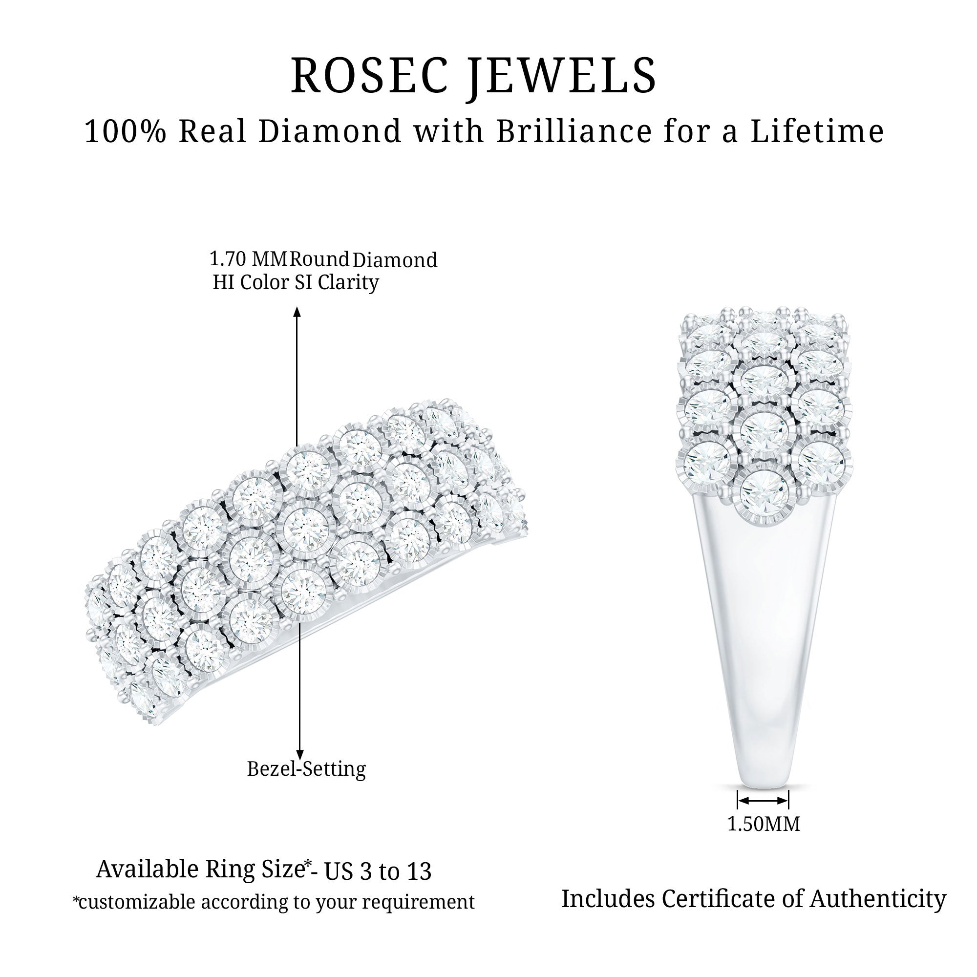 Diamond 3 Row Wide Wedding Band Ring Natural - ( HI-SI ) - Rosec Jewels