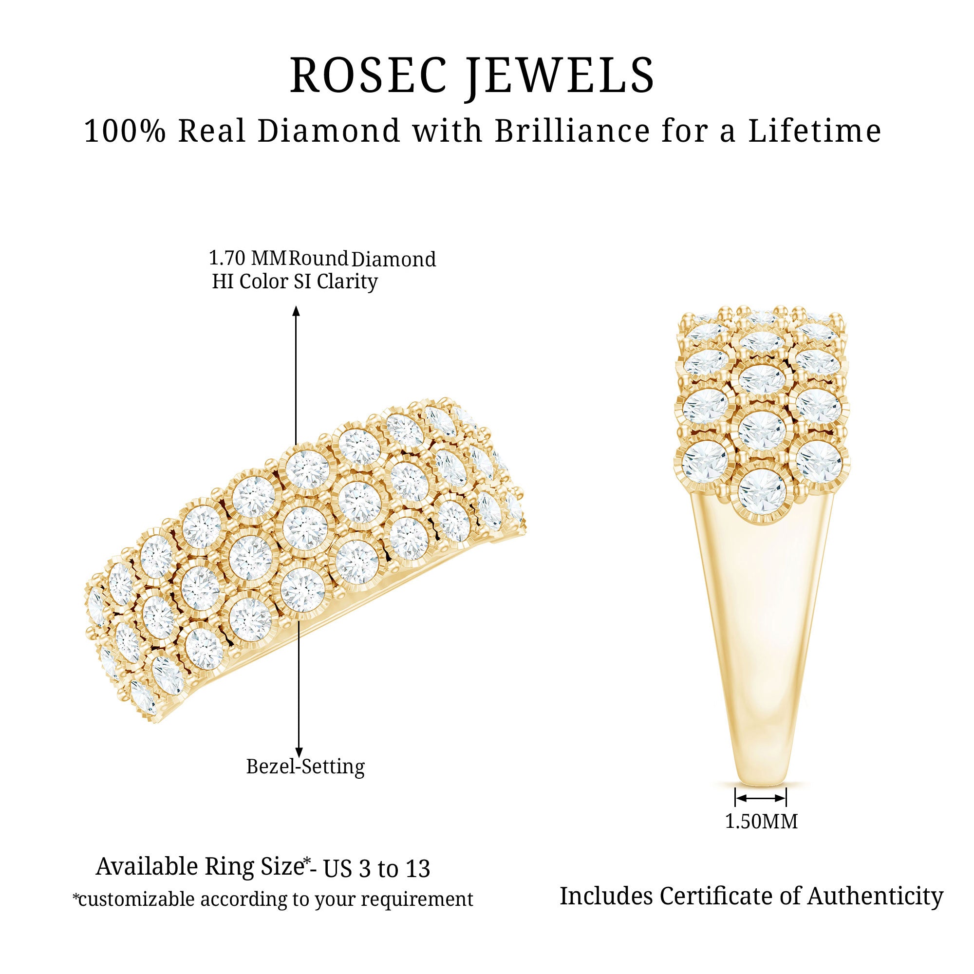 Diamond 3 Row Wide Wedding Band Ring Natural - ( HI-SI ) - Rosec Jewels