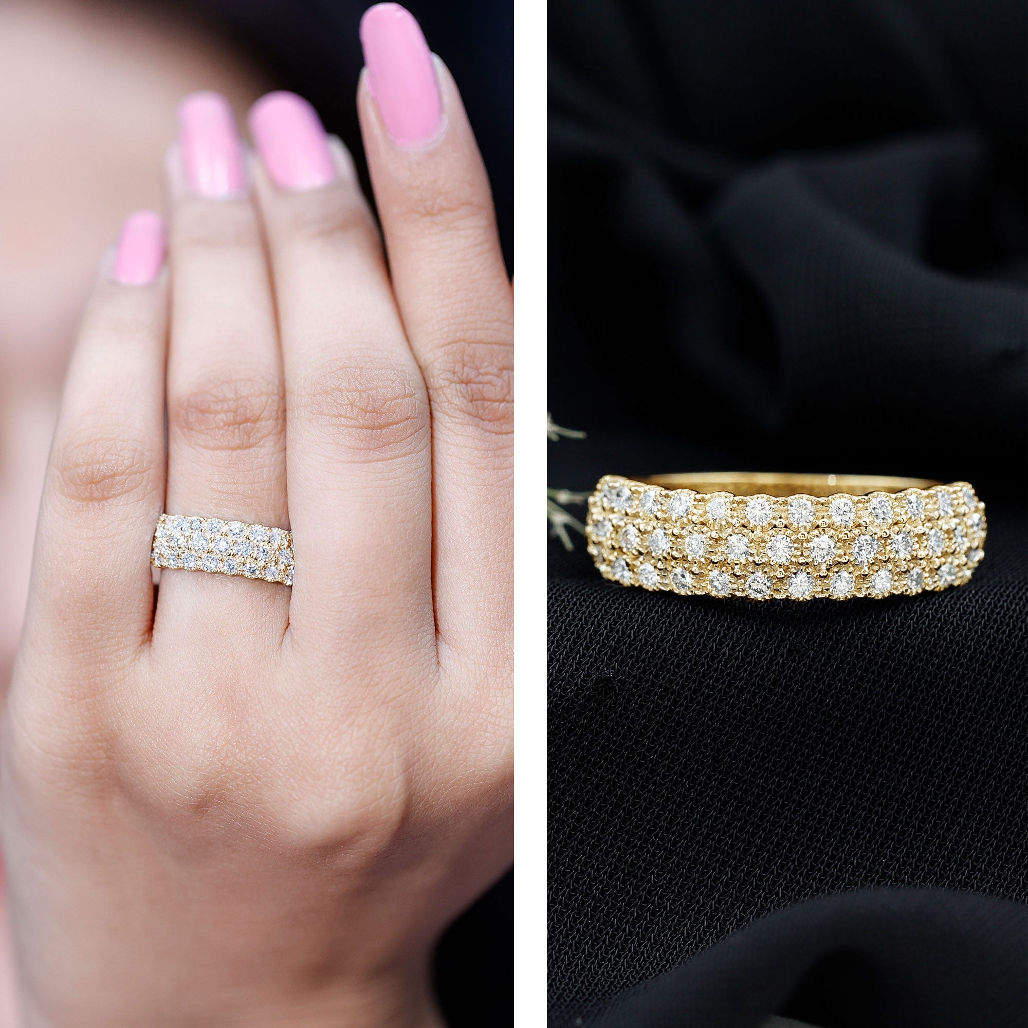 Diamond 3 Row Wide Wedding Band Ring Natural - ( HI-SI ) - Rosec Jewels