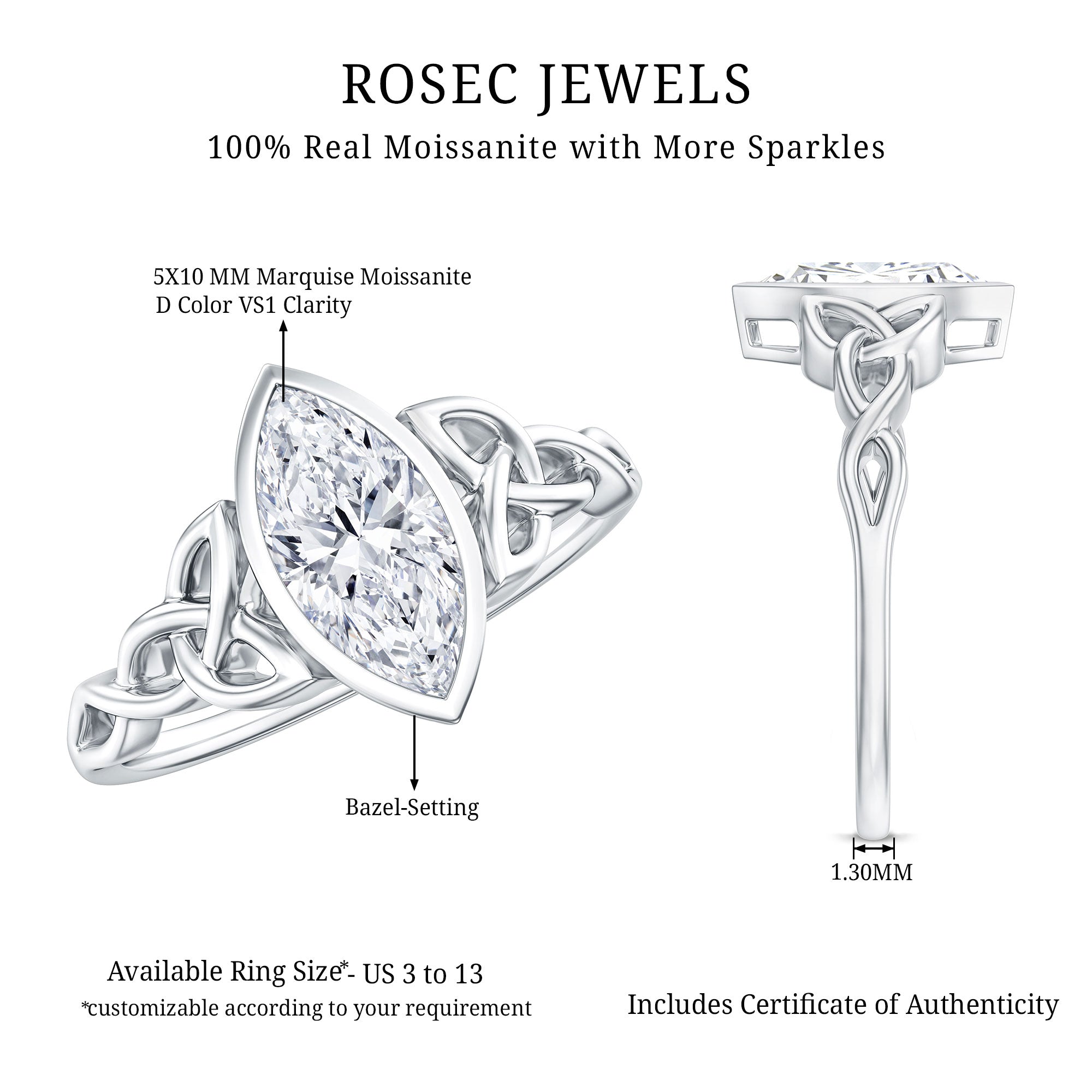 Moissanite 1 Carat Marquise Cut Engagement Ring in Bezel Setting D-VS1 - Rosec Jewels