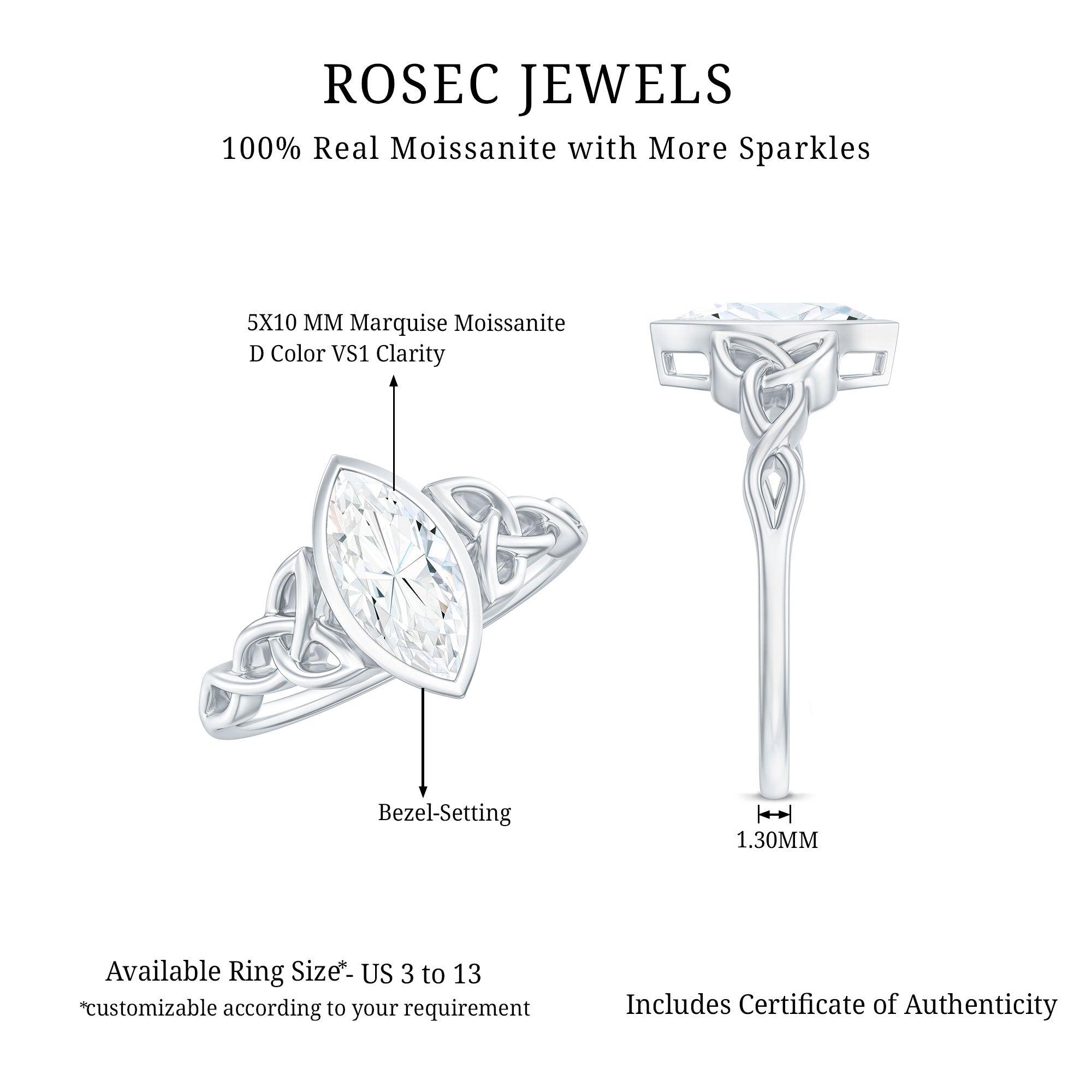 Rosec Jewels-Moissanite 5x10mm Marquise Cut Engagement Ring in Bezel Setting