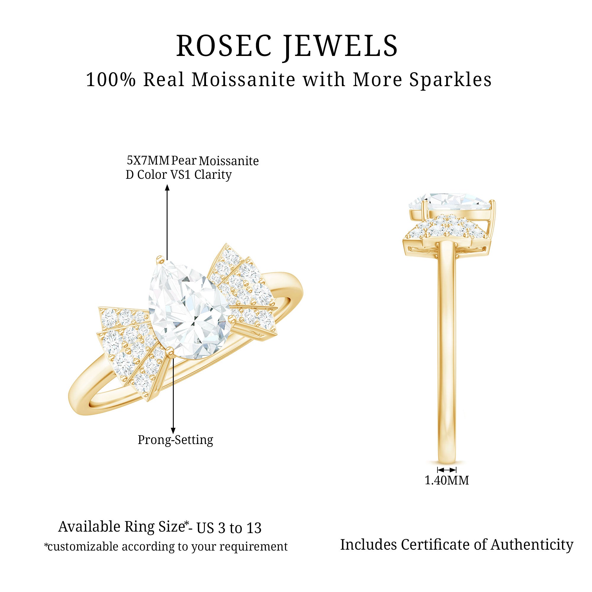 Pear Shaped Moissanite Designer Engagement Ring D-VS1 - Rosec Jewels