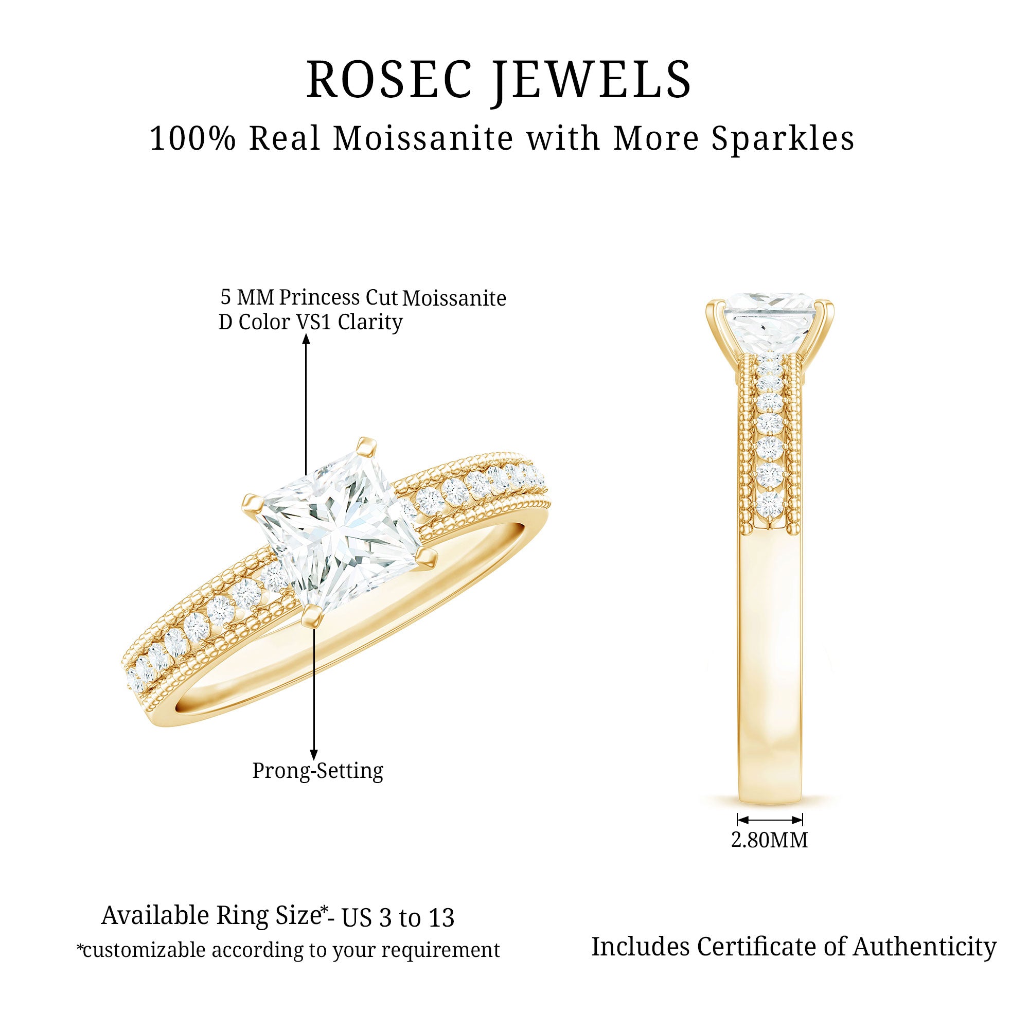 Moissanite Solitaire Engagement Ring with Princess Cut D-VS1 - Rosec Jewels