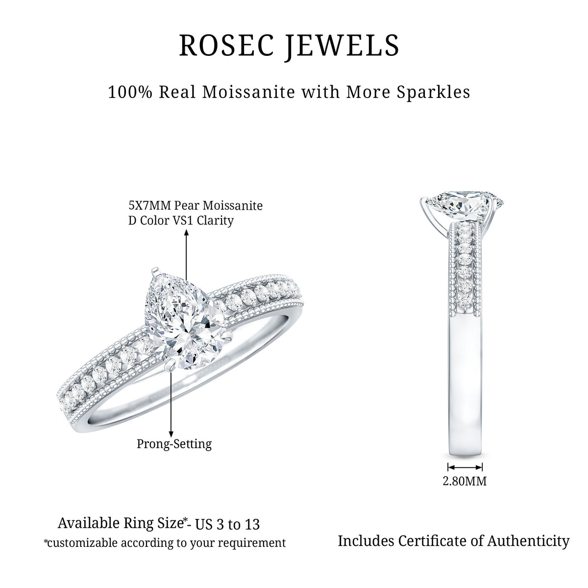 Pear Shaped Moissanite Solitaire Engagement Ring with Beaded Design D-VS1 - Rosec Jewels
