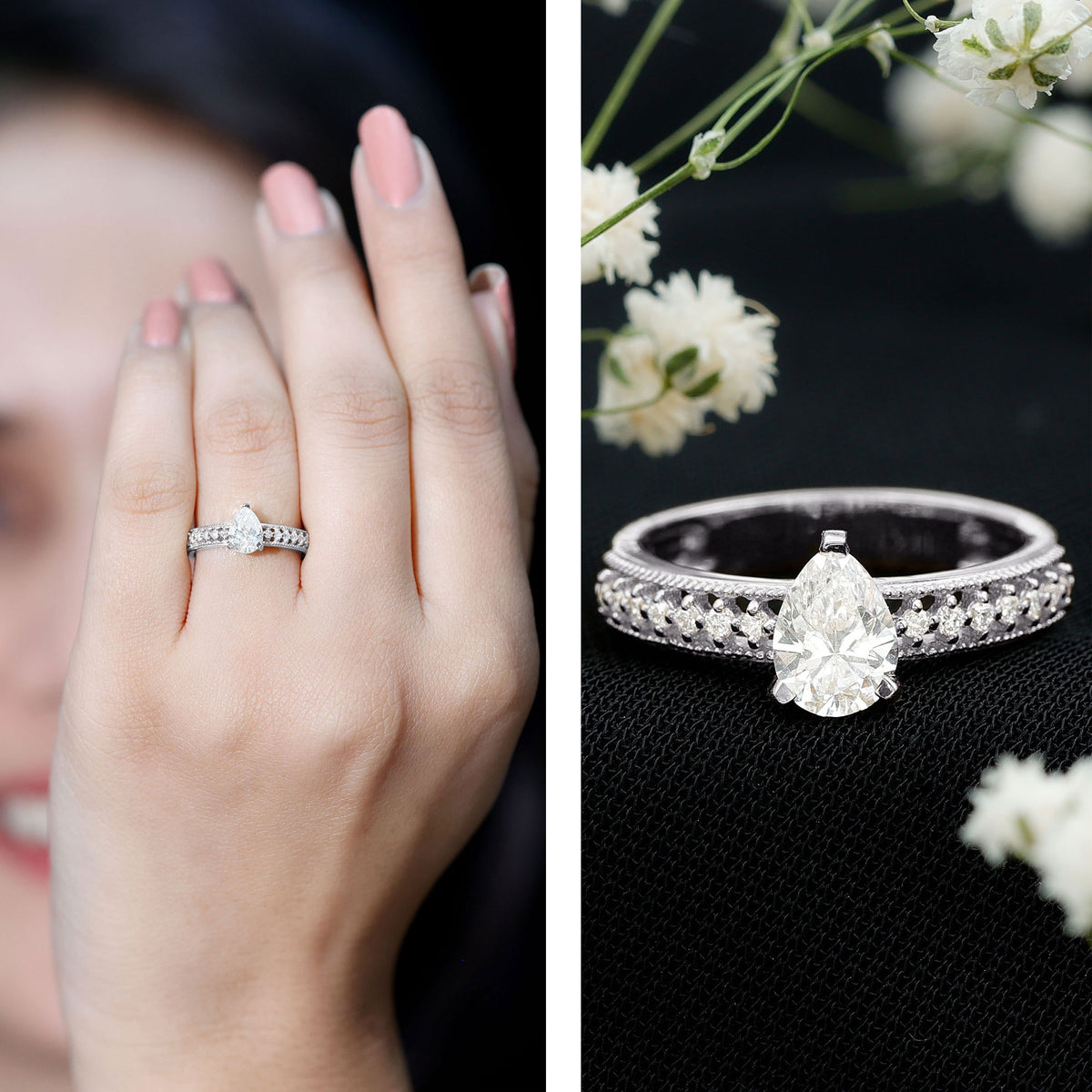Pear Shaped Moissanite Solitaire Engagement Ring with Beaded Design D-VS1 - Rosec Jewels
