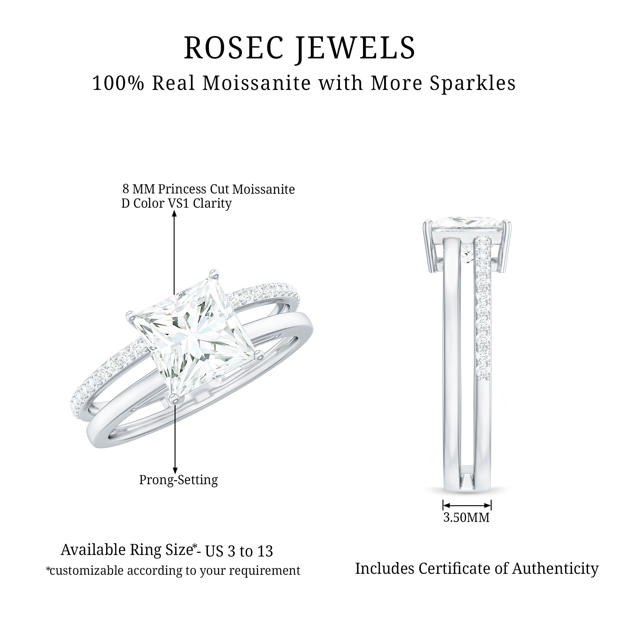 3 Carat Princess Cut Moissanite Double Band Engagement Ring D-VS1 - Rosec Jewels