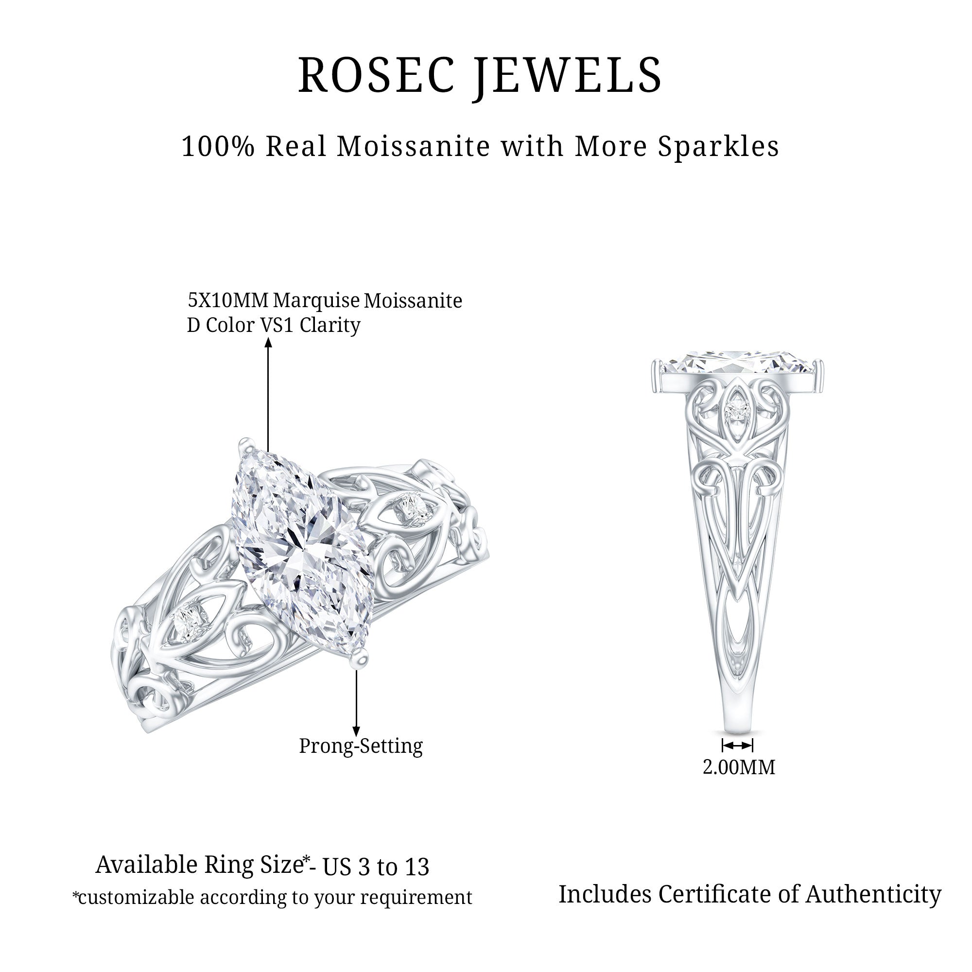 Marquise Moissanite Engagement Ring With Certificate D-VS1 - Rosec Jewels