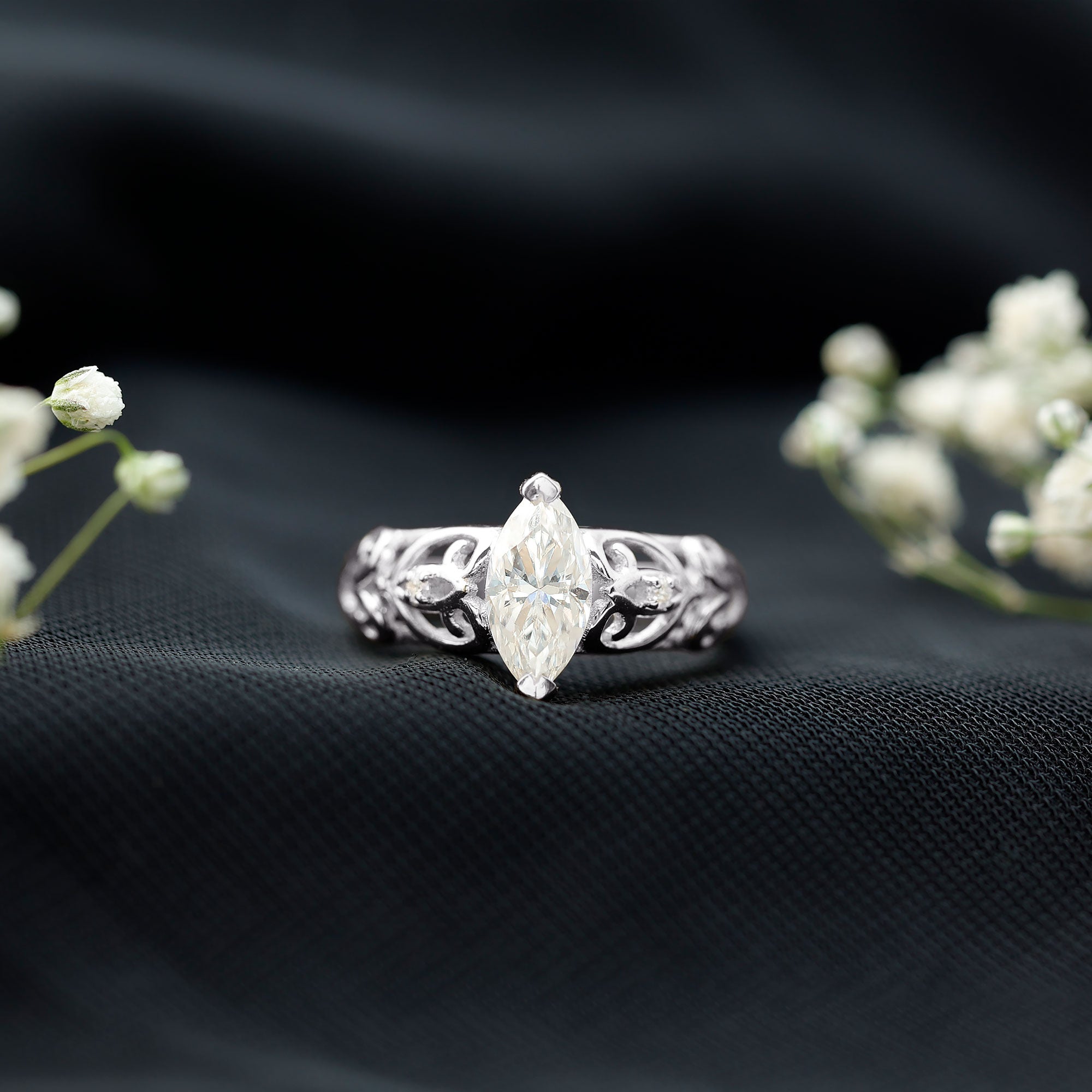 Marquise Moissanite Engagement Ring With Certificate D-VS1 - Rosec Jewels