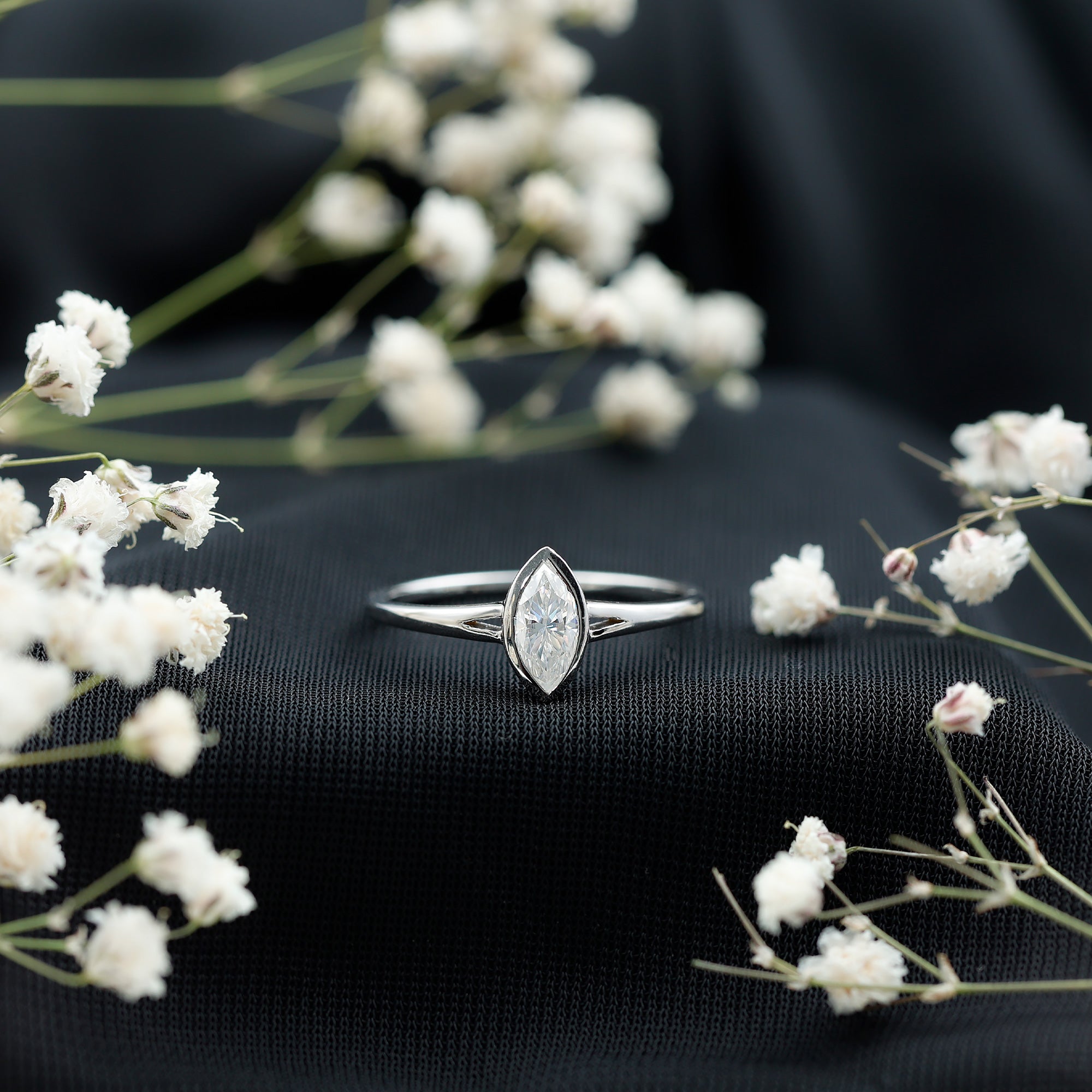 Bezel Set Moissanite Marquise Engagement Ring in Split Shank D-VS1 - Rosec Jewels