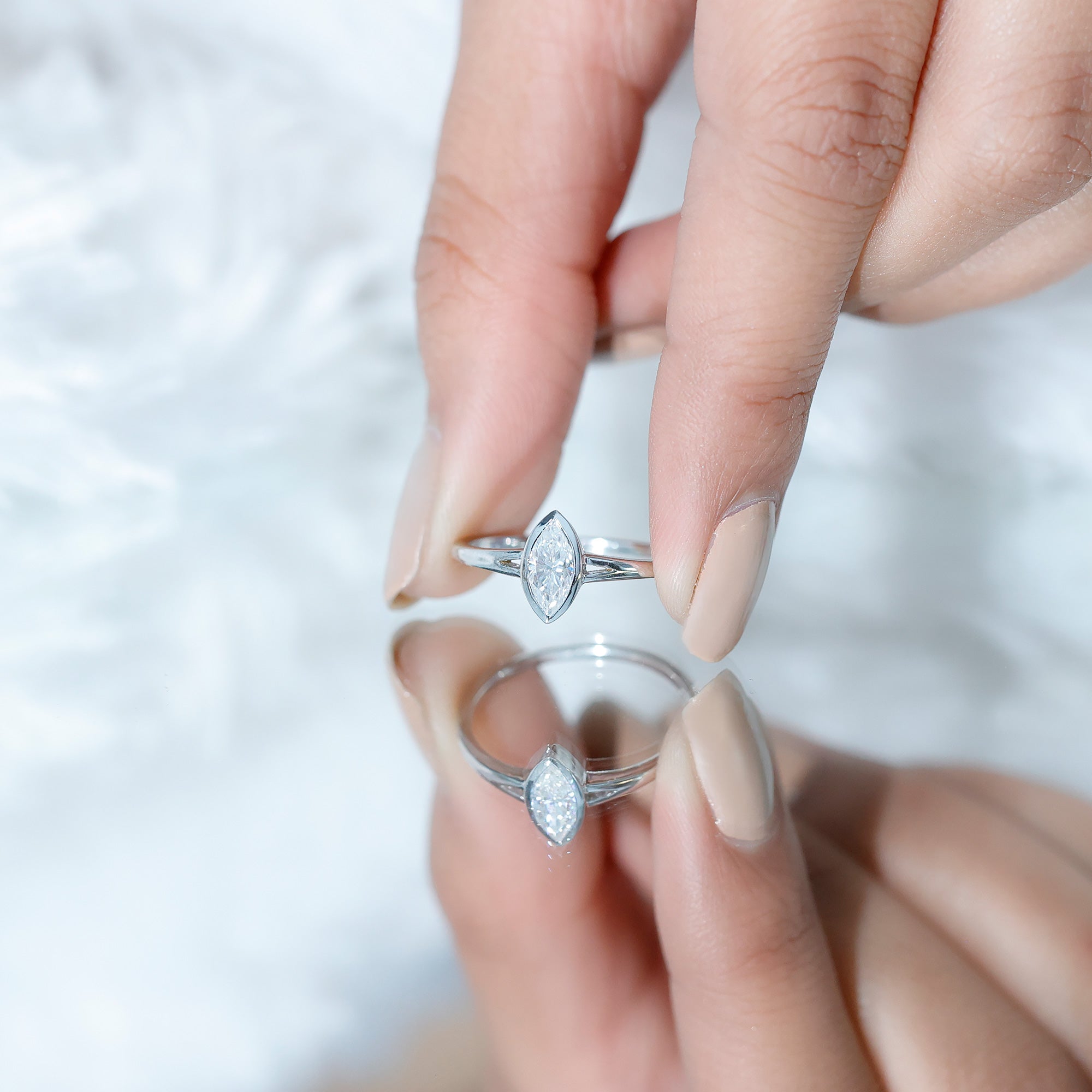 Bezel Set Moissanite Marquise Engagement Ring in Split Shank D-VS1 - Rosec Jewels