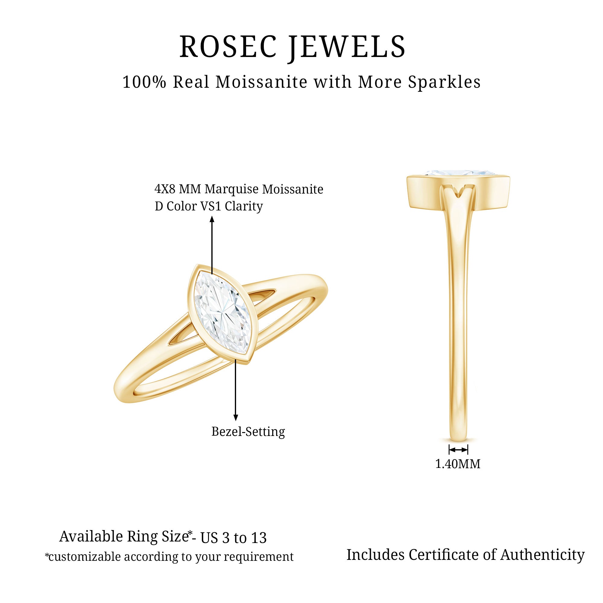 Bezel Set Moissanite Marquise Engagement Ring in Split Shank D-VS1 - Rosec Jewels