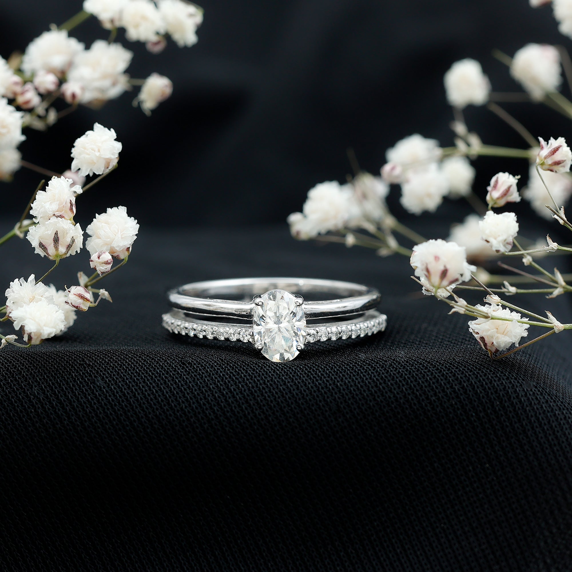 Oval Cut Solitaire Moissanite Double Band Engagement Ring D-VS1 - Rosec Jewels