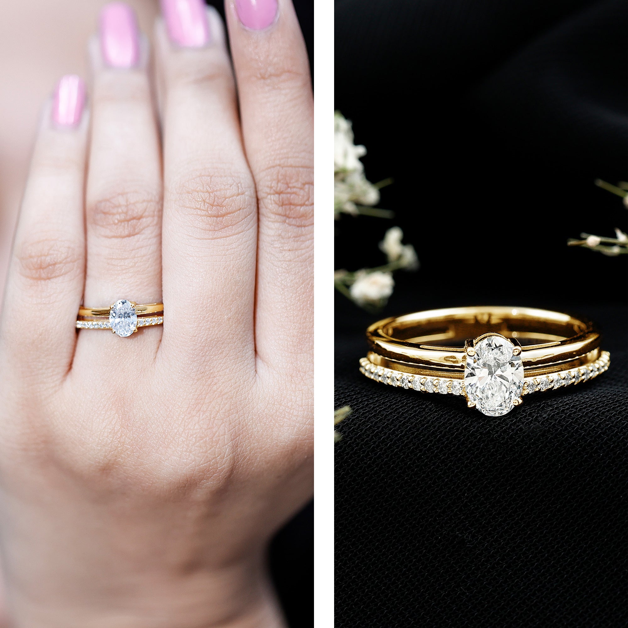 Oval Cut Solitaire Moissanite Double Band Engagement Ring D-VS1 - Rosec Jewels