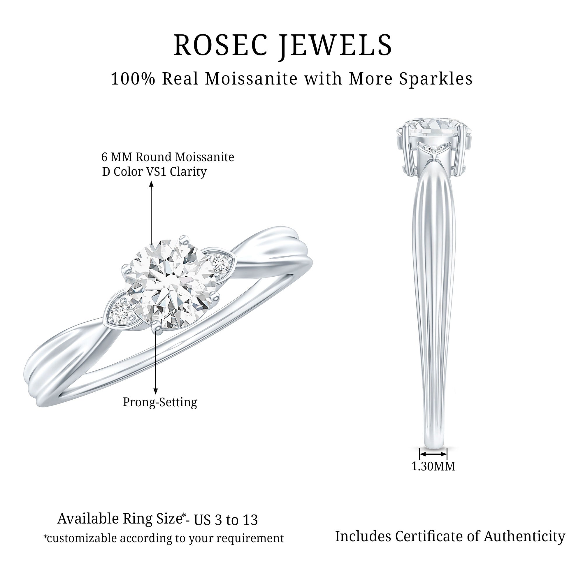 Round Moissanite Solitaire Engagement Ring for Her D-VS1 - Rosec Jewels