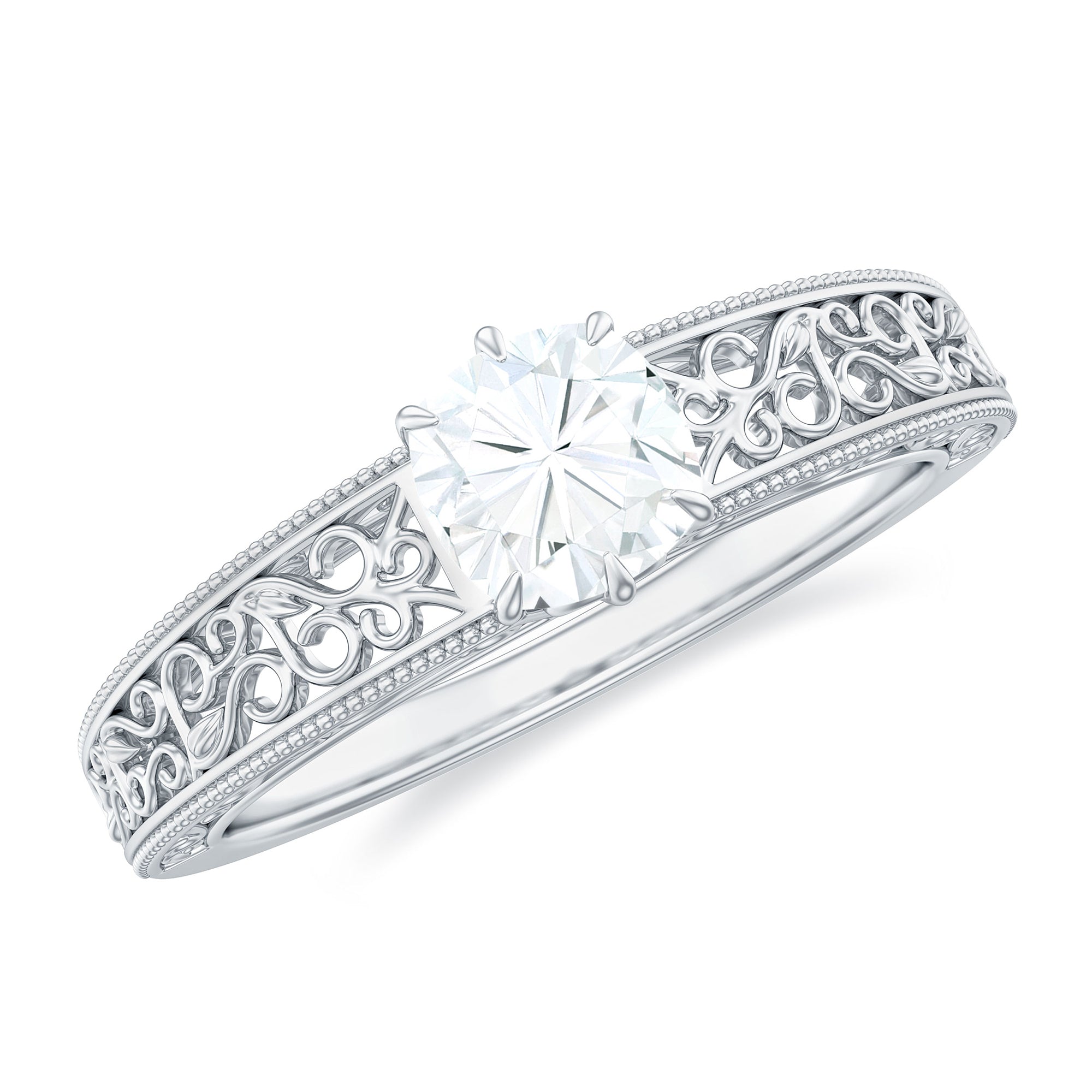 Cushion Cut Solitaire Moissanite Engagement Ring with Filigree Detail D-VS1 - Rosec Jewels