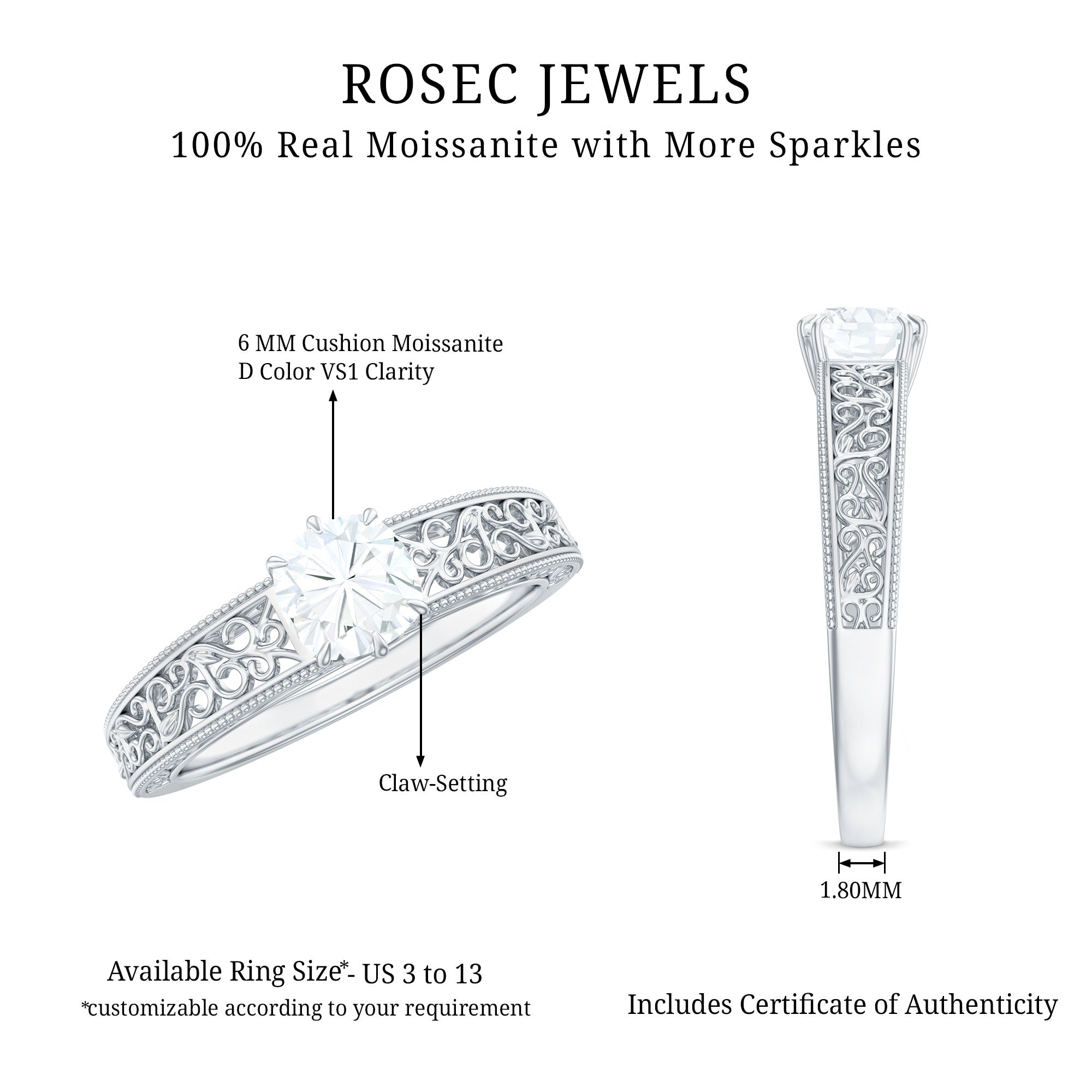 Cushion Cut Solitaire Moissanite Engagement Ring with Filigree Detail D-VS1 - Rosec Jewels