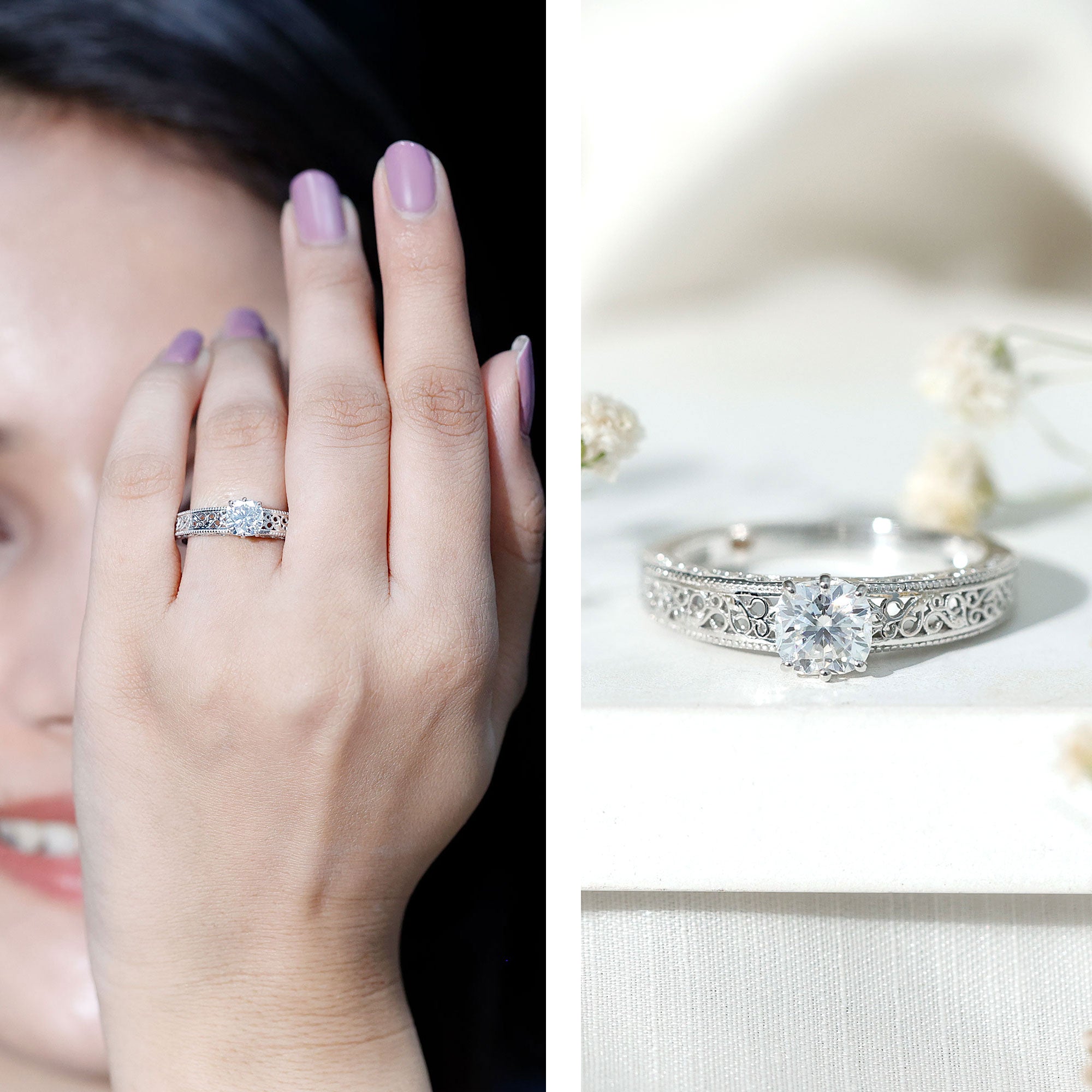 Cushion Cut Solitaire Moissanite Engagement Ring with Filigree Detail D-VS1 - Rosec Jewels