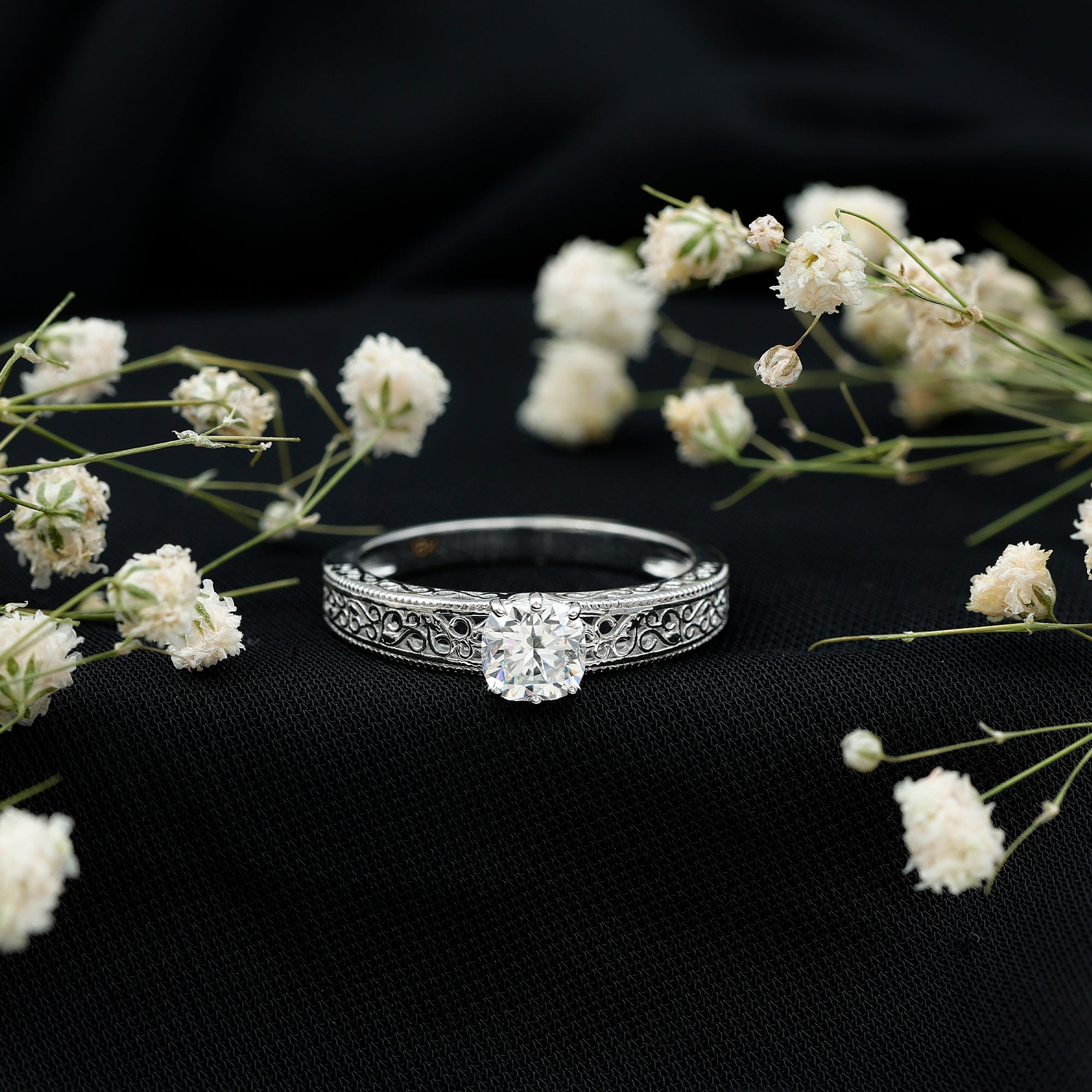 Cushion Cut Solitaire Moissanite Engagement Ring with Filigree Detail D-VS1 - Rosec Jewels