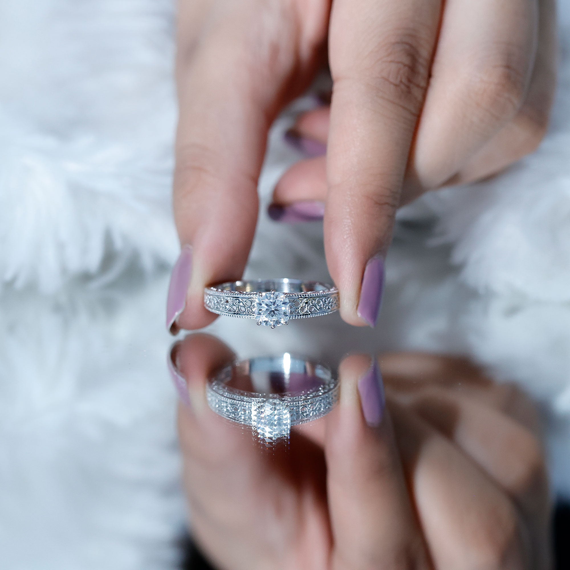 Cushion Cut Solitaire Moissanite Engagement Ring with Filigree Detail D-VS1 - Rosec Jewels