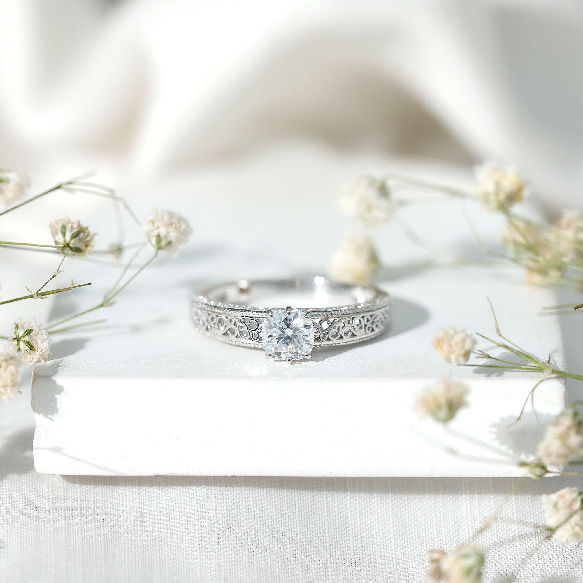 Cushion Cut Solitaire Moissanite Engagement Ring with Filigree Detail D-VS1 - Rosec Jewels