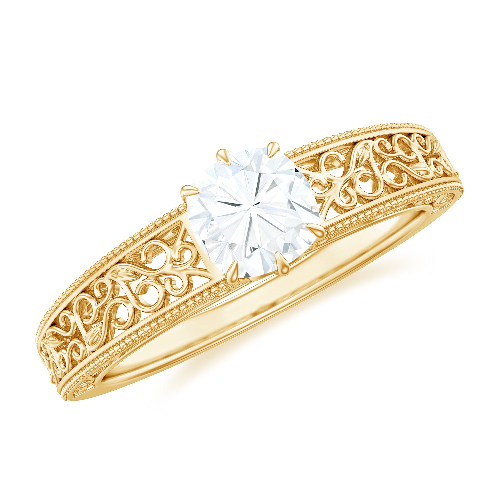 Cushion Cut Solitaire Moissanite Engagement Ring with Filigree Detail D-VS1 - Rosec Jewels