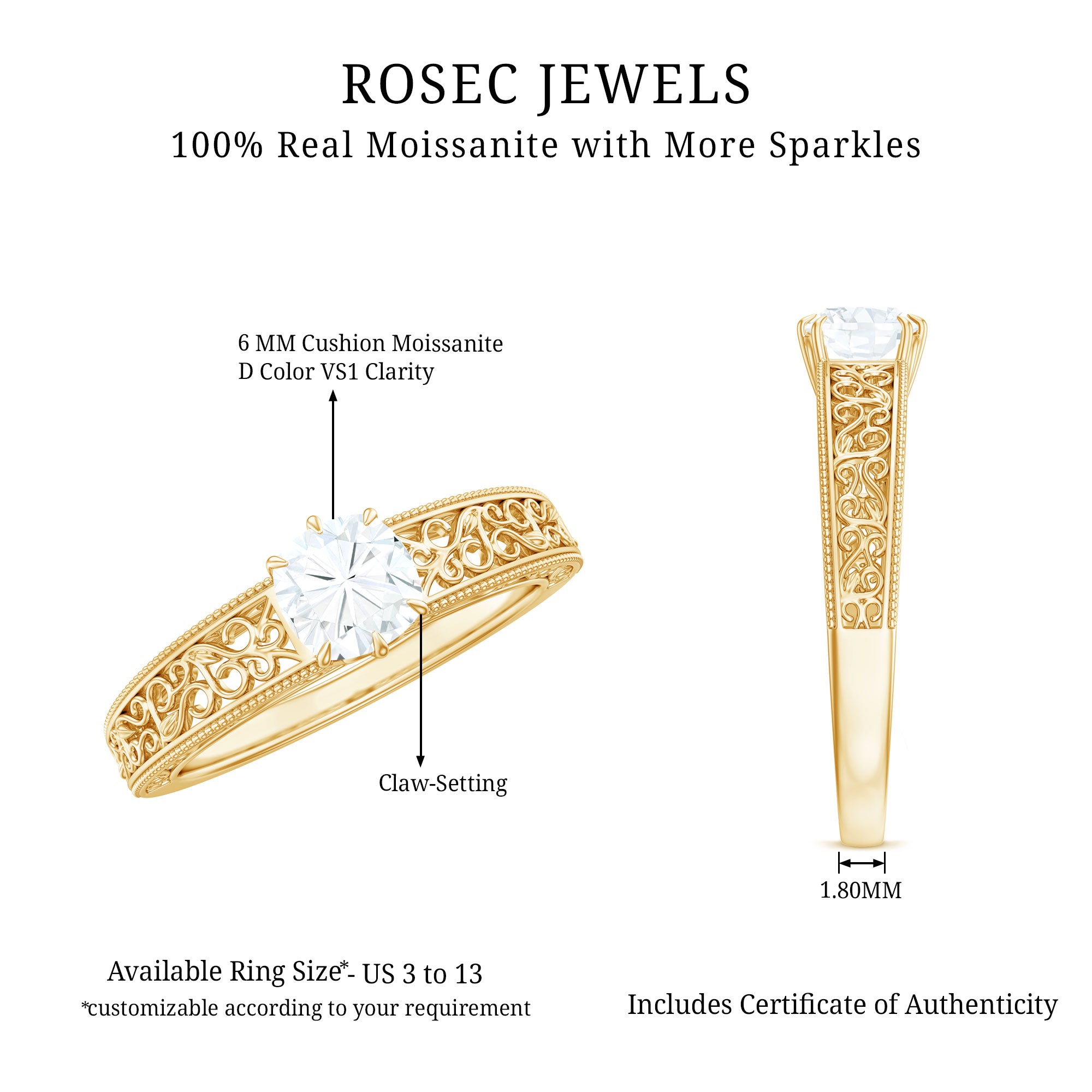 Cushion Cut Solitaire Moissanite Engagement Ring with Filigree Detail D-VS1 - Rosec Jewels