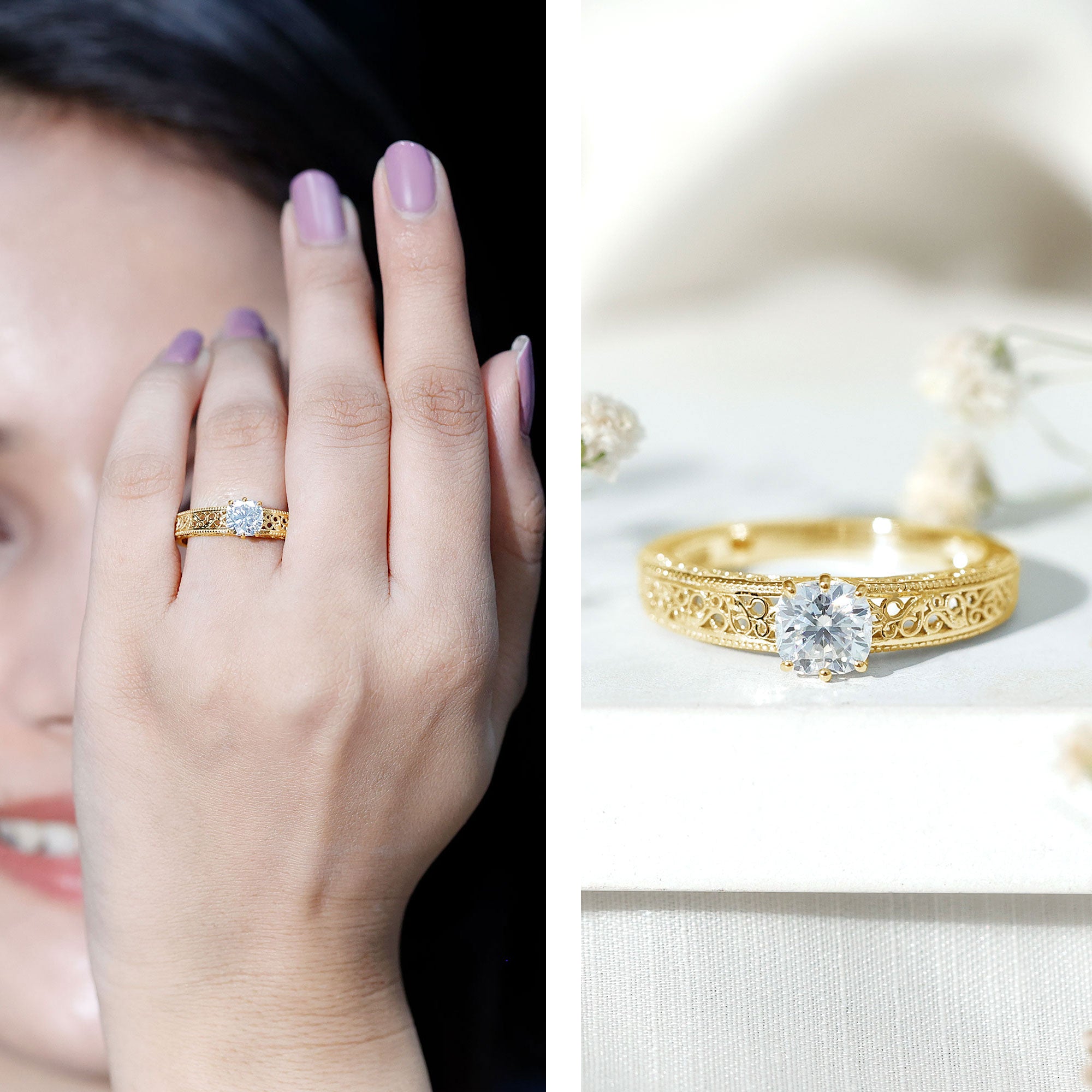 Cushion Cut Solitaire Moissanite Engagement Ring with Filigree Detail D-VS1 - Rosec Jewels