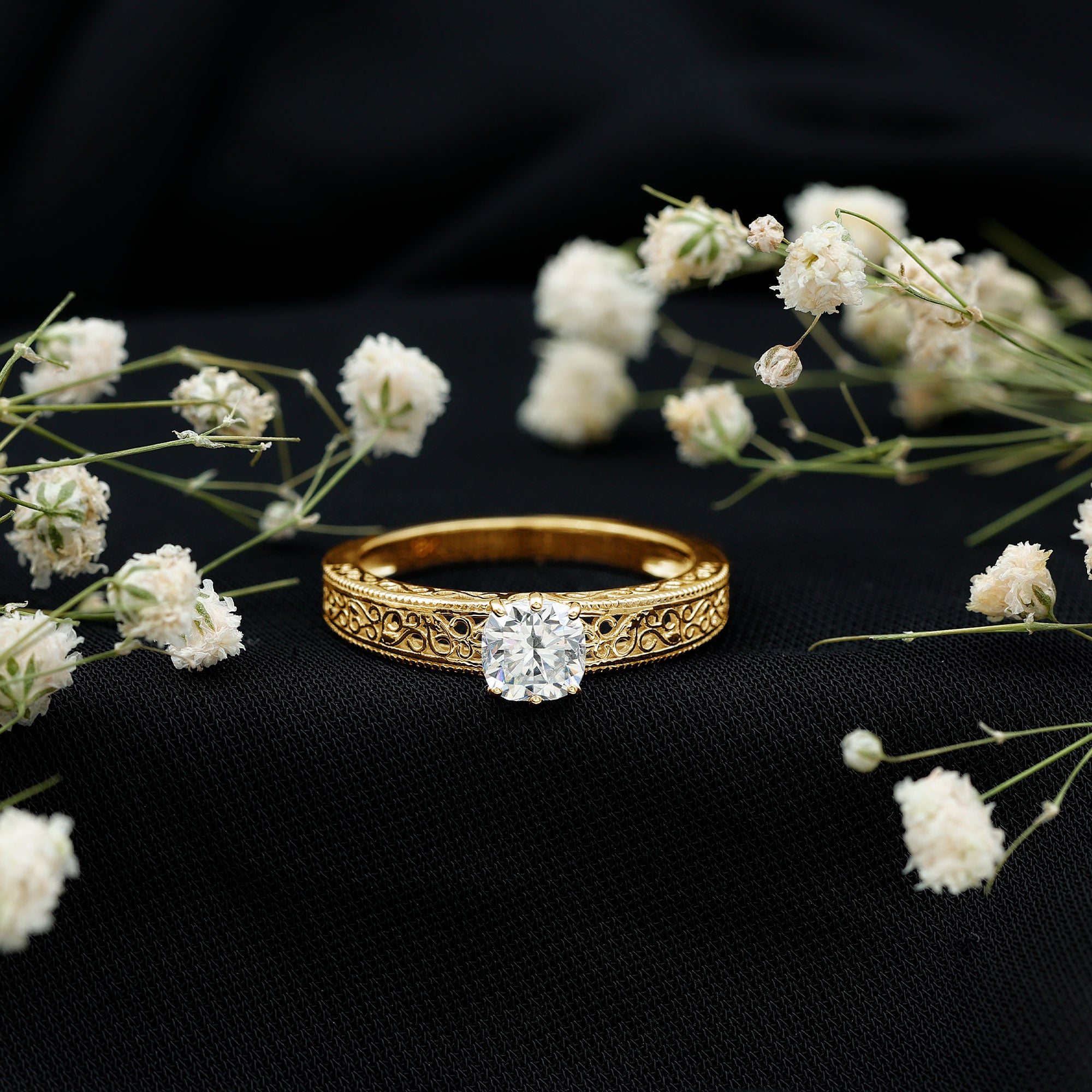 Cushion Cut Solitaire Moissanite Engagement Ring with Filigree Detail D-VS1 - Rosec Jewels
