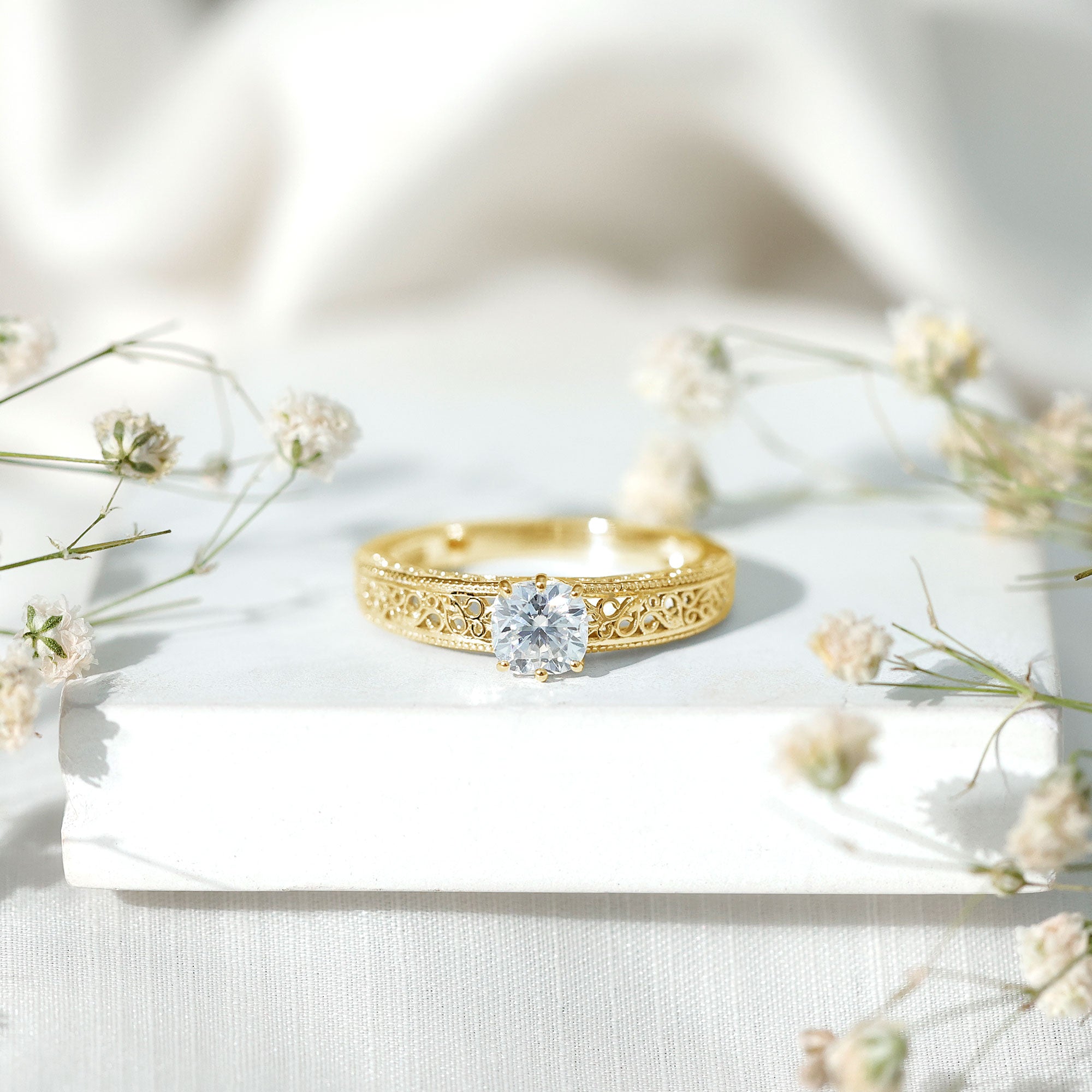 Cushion Cut Solitaire Moissanite Engagement Ring with Filigree Detail D-VS1 - Rosec Jewels