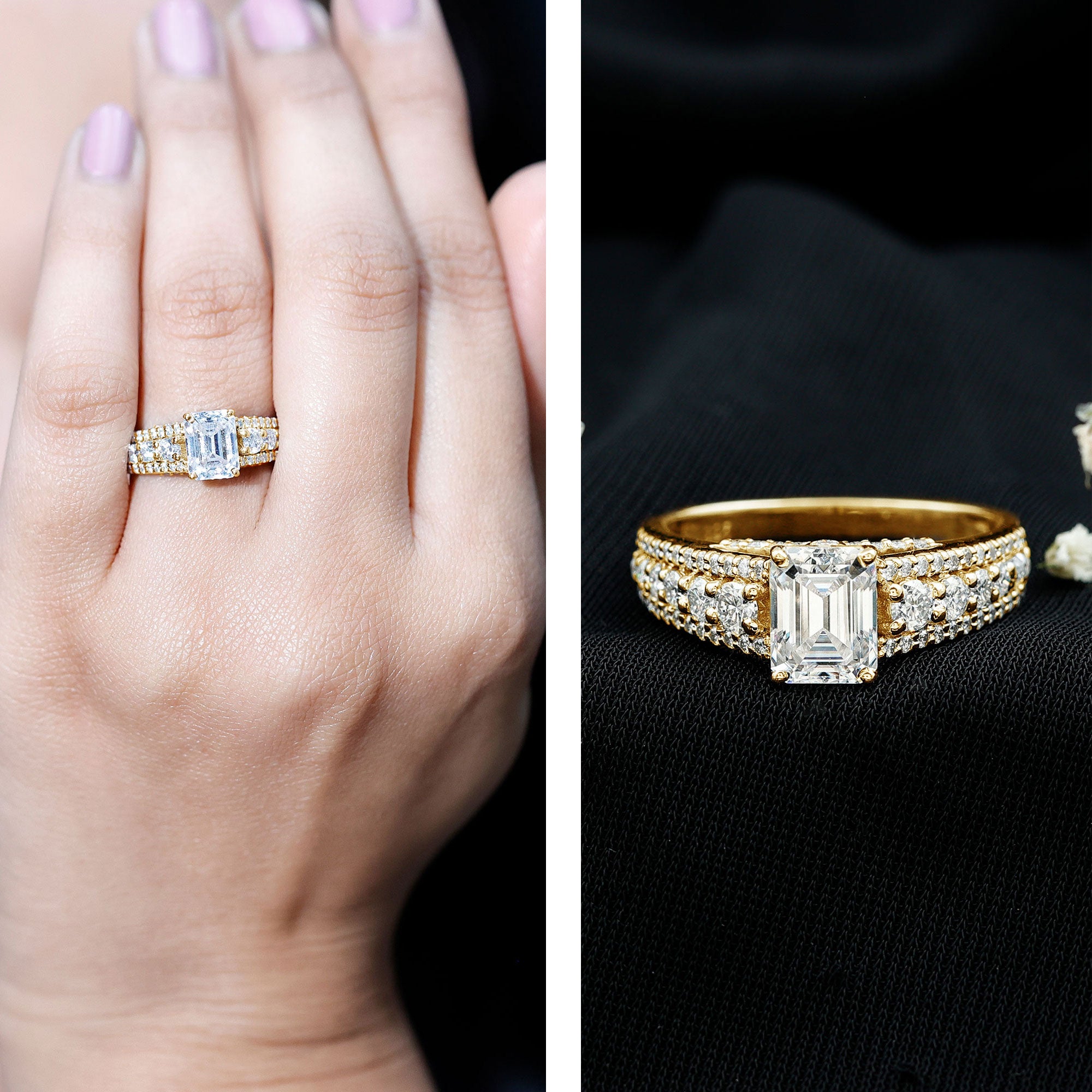 Certified Emerald Cut Moissanite Solitaire Engagement Ring for Women D-VS1 - Rosec Jewels
