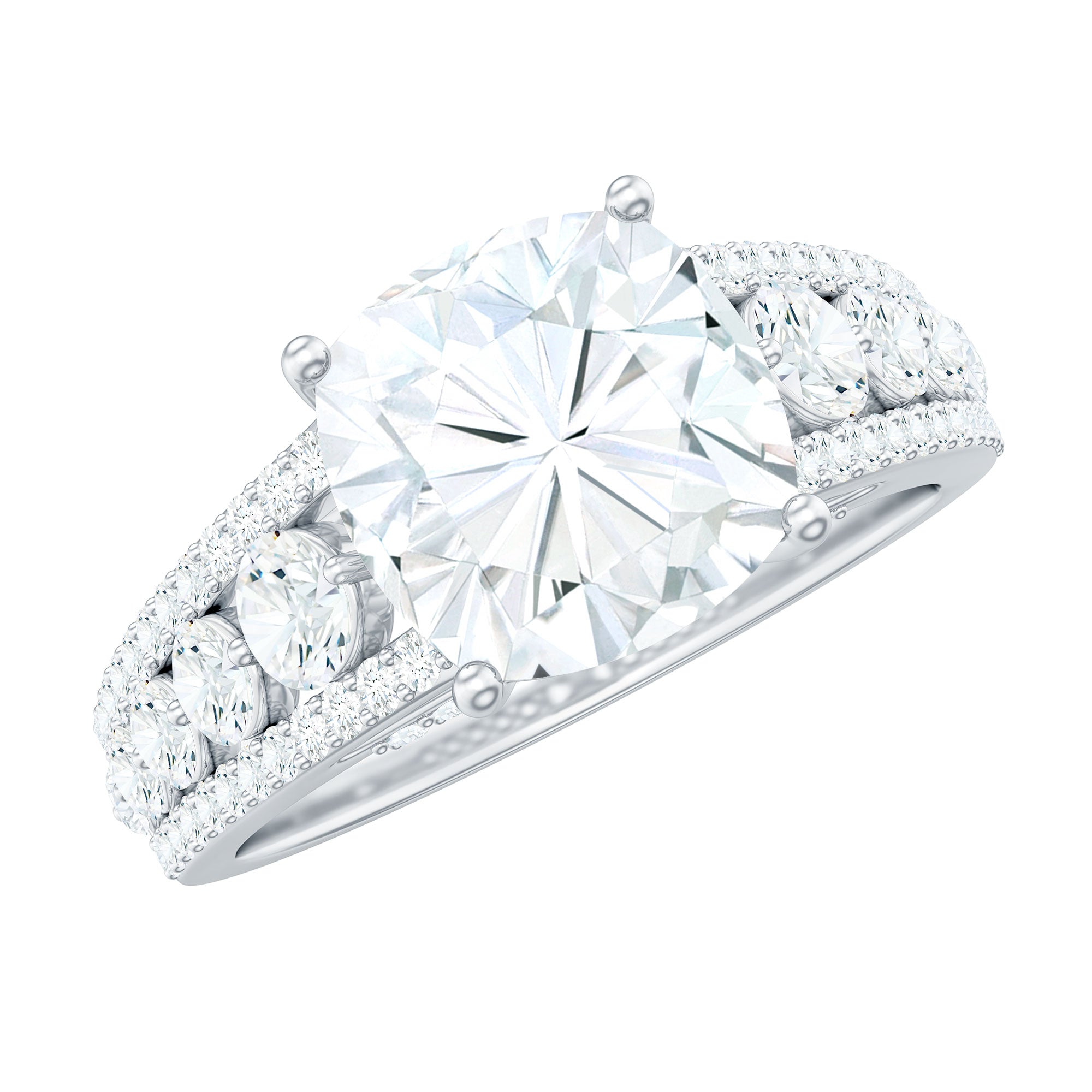 8 MM Cushion Cut Moissanite Engagement Ring with Side Stones