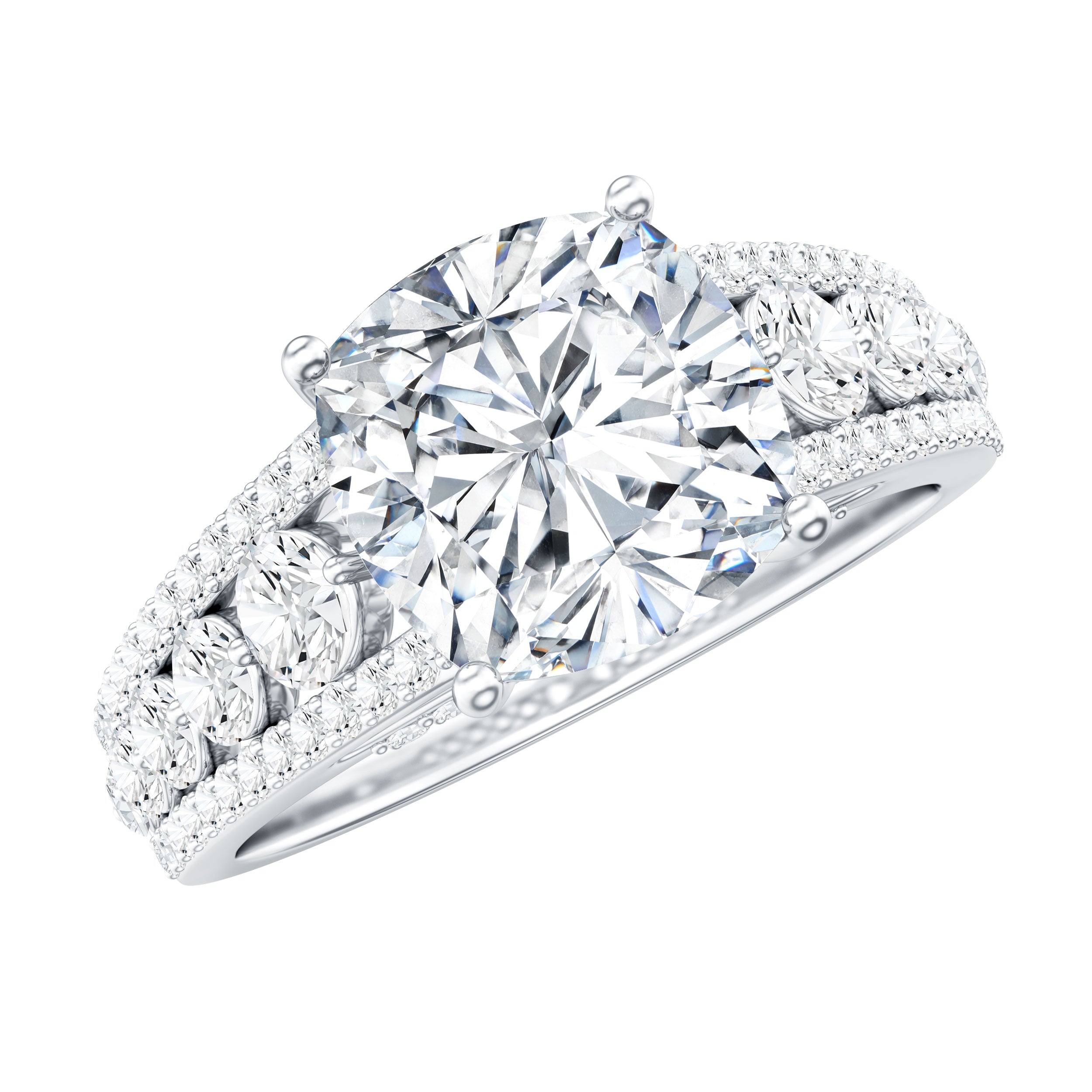 8 MM Cushion Cut Moissanite Engagement Ring with Side Stones D-VS1 - Rosec Jewels