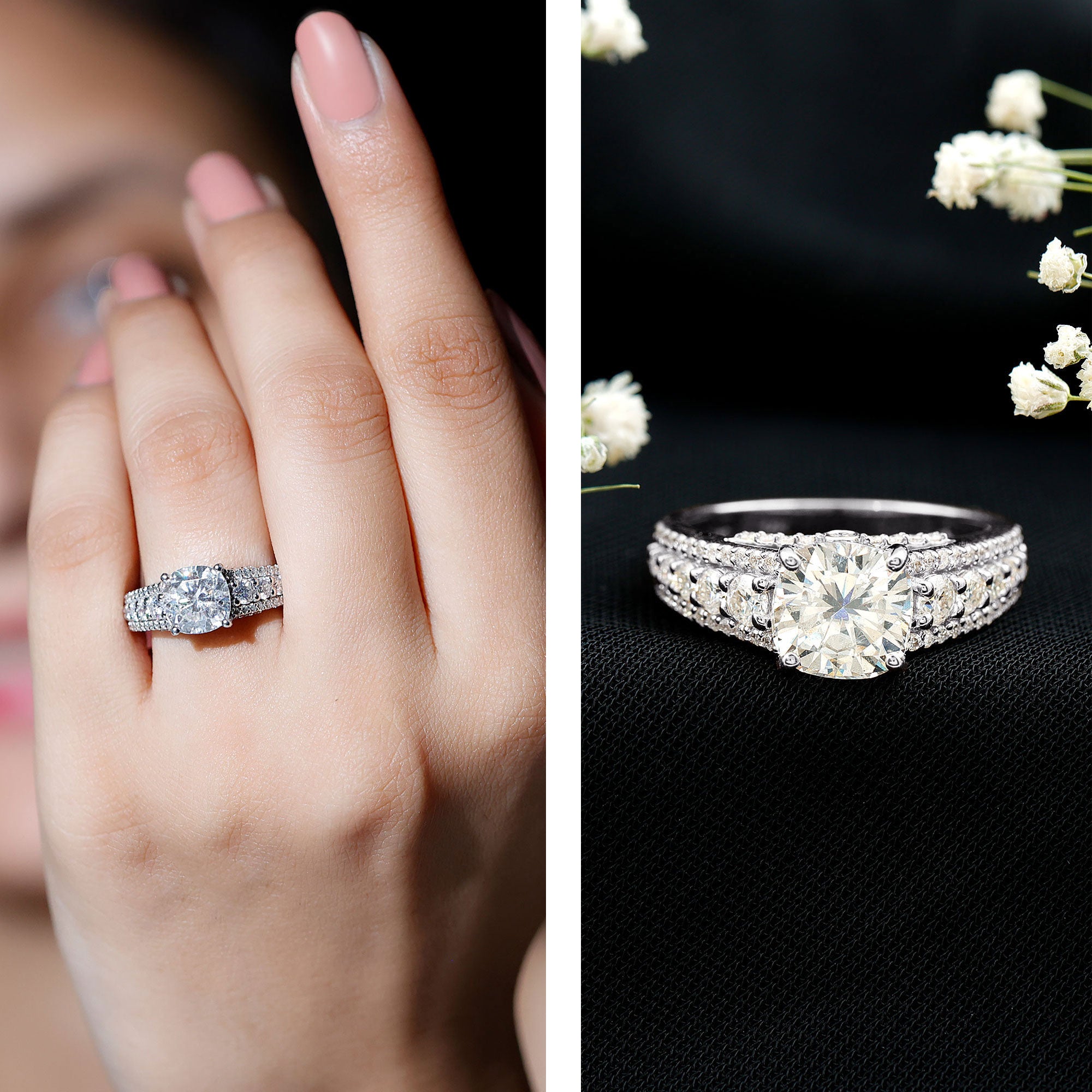 8 MM Cushion Cut Moissanite Engagement Ring with Side Stones D-VS1 - Rosec Jewels