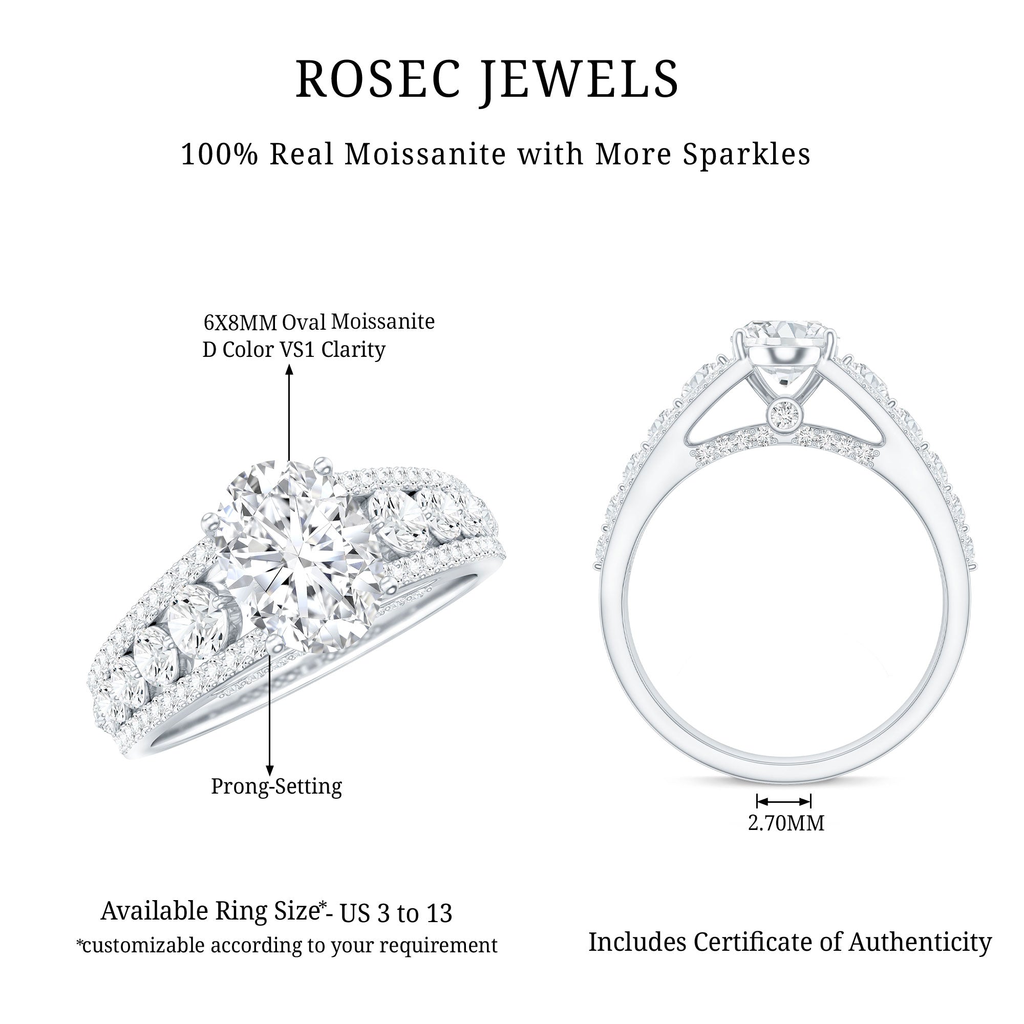 Certified Moissanite Oval Engagement Ring with Side Stones D-VS1 - Rosec Jewels