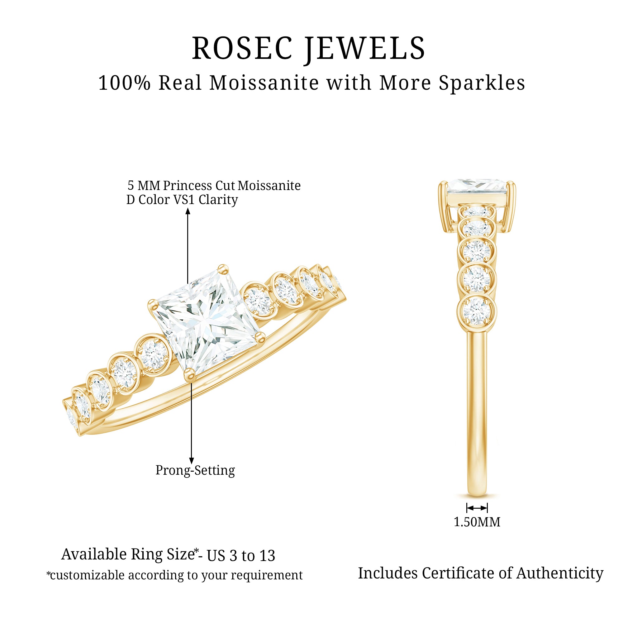 Square Cut Moissanite Engagement Ring with Side Stones D-VS1 - Rosec Jewels