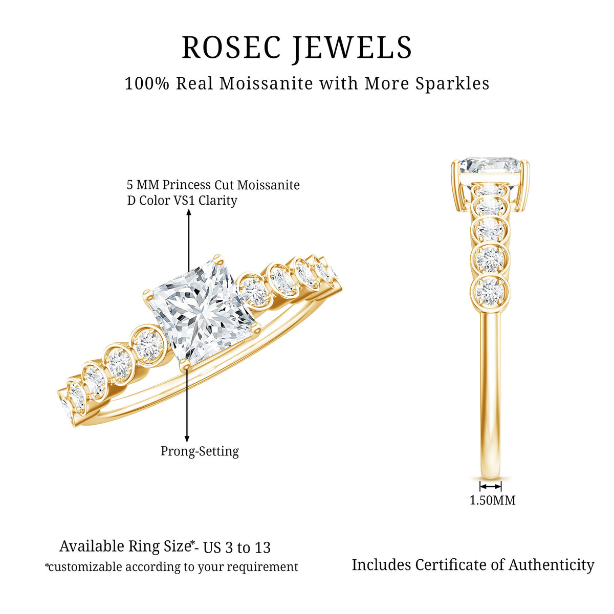 Square Cut Moissanite Engagement Ring with Side Stones D-VS1 - Rosec Jewels