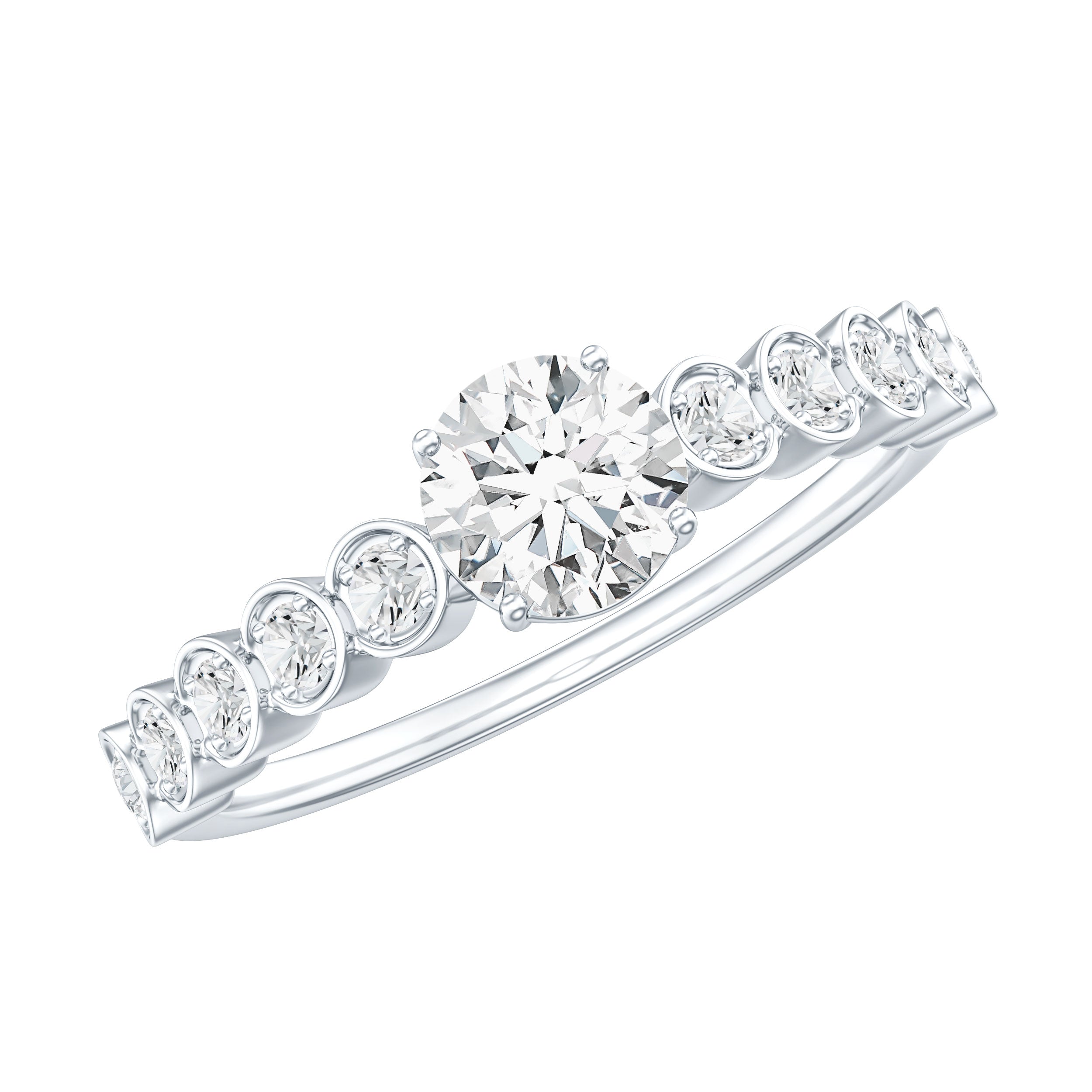 Certified 5 MM Round Moissanite Engagement Ring with Side Stones D-VS1 - Rosec Jewels
