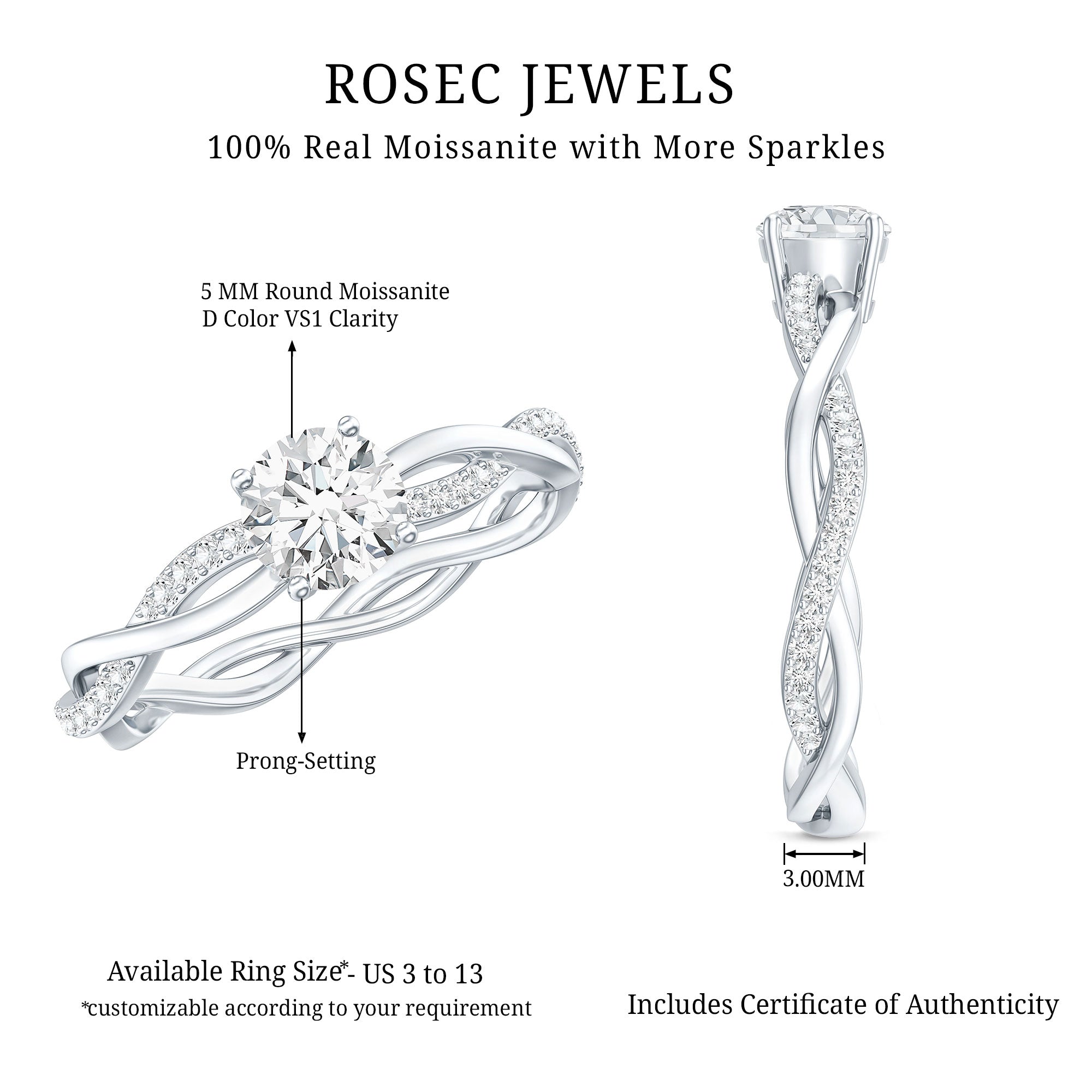 Round Cut Moissanite Braided Engagement Ring D-VS1 - Rosec Jewels