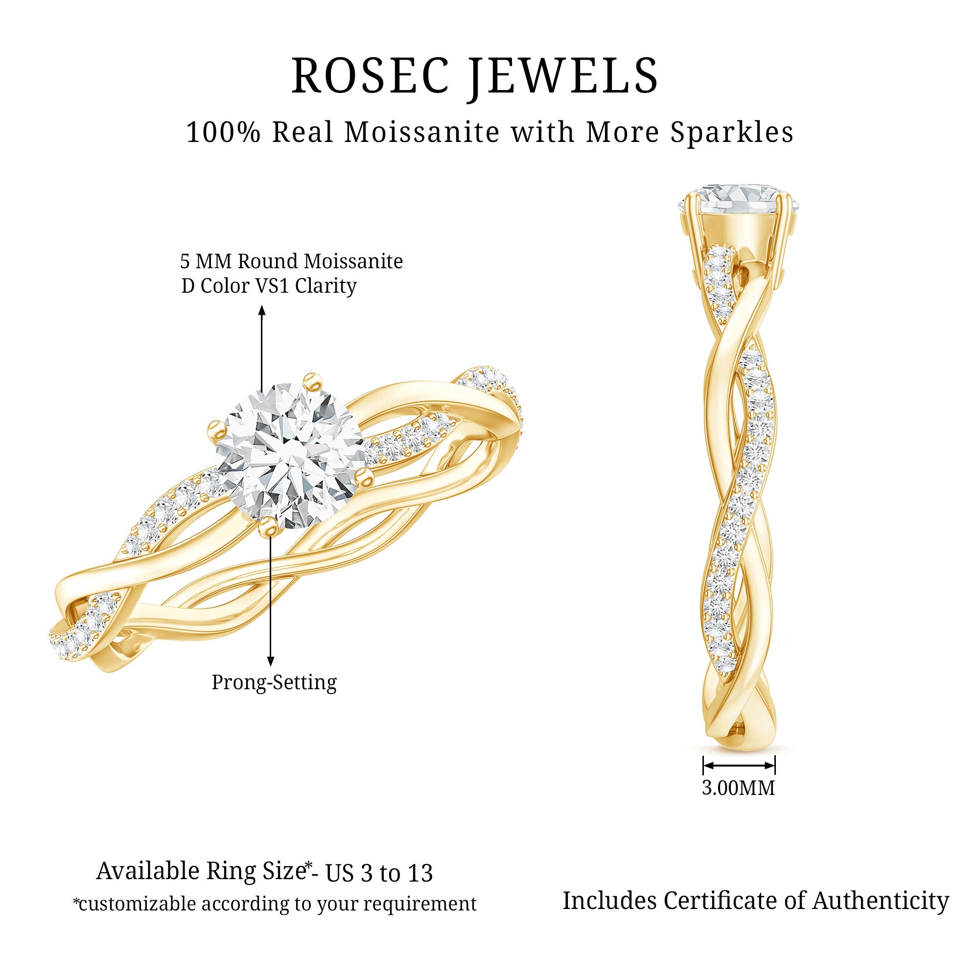 Round Cut Moissanite Braided Engagement Ring D-VS1 - Rosec Jewels