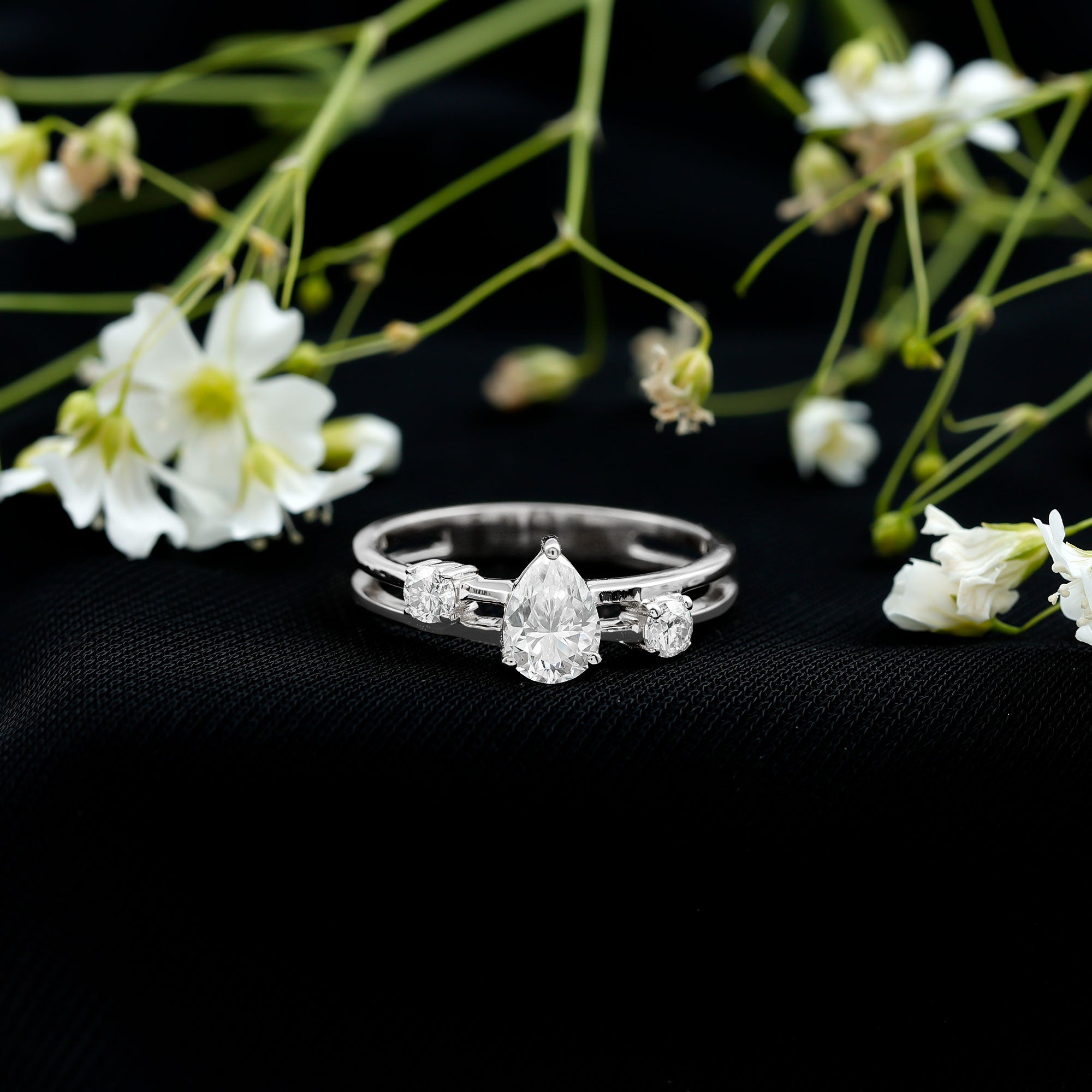 Pear Cut Moissanite Engagement Ring with Double Band D-VS1 - Rosec Jewels